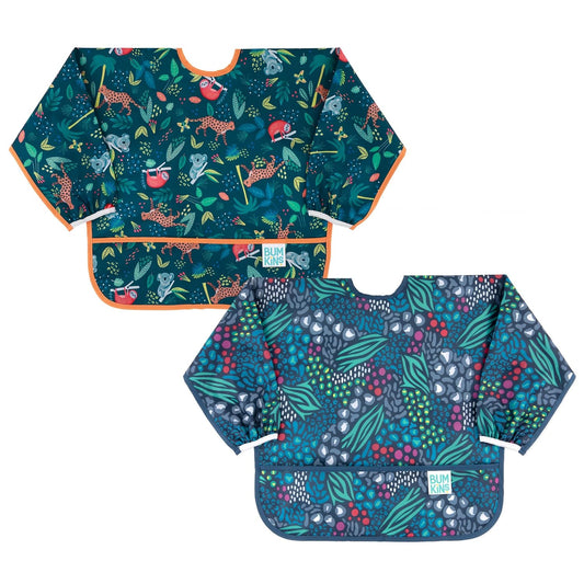 Bumkins Sleeved Bib, Waterproof Fabric, Jungle & Animal, 2-pack
