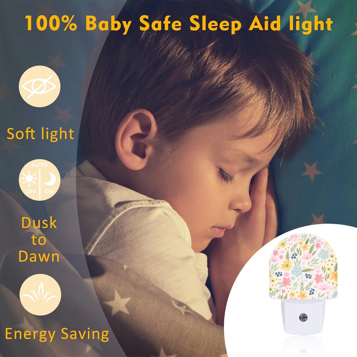 Watercolor Spring Flowers Night Light for Kids,Pink Botanical Leaves Floral Night Light Plug in with Dusk to Dawn Sensor,0.5w Energy Saving Nightlight for Hallway Stairway Kitchen Bedroom