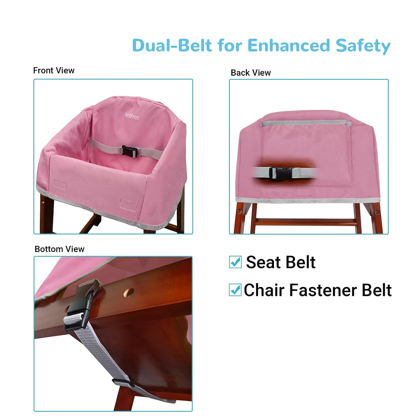 Dual-Belt Baby High Chair Cover, Upgrade Version, for Wooden or Restaurant High Chair, Sturdy and Robust Material, Waterproof Washable Stain and Slip Resistant, Pink