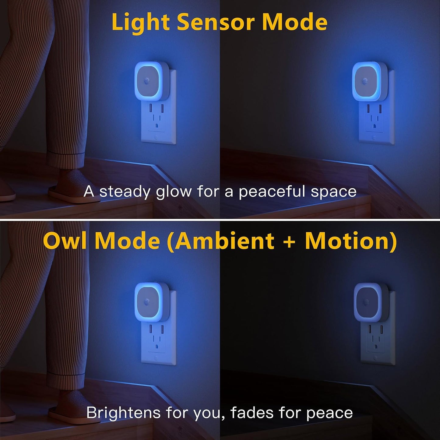 2 Pack Plug in Night Light with Motion Sensor & Dusk to Dawn Sensor, 3 Sensor Modes, Auto ON/Off, Dimmable, Night Lights Plug into Wall for Bathroom, Kitchen, Adults, Indoor, Light Blue