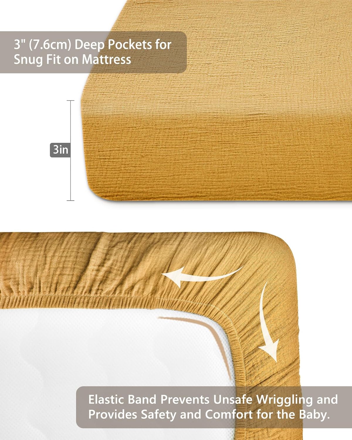 Pack and Play Sheets for Baby Boy and Girl 2 Pack, Neutral Muslin Cotton Pack N Play Mattresses Sheet 27"x39", Muslin Nursery Bedding Soft and Breathable Comfort (Beige & Mustard Yellow)