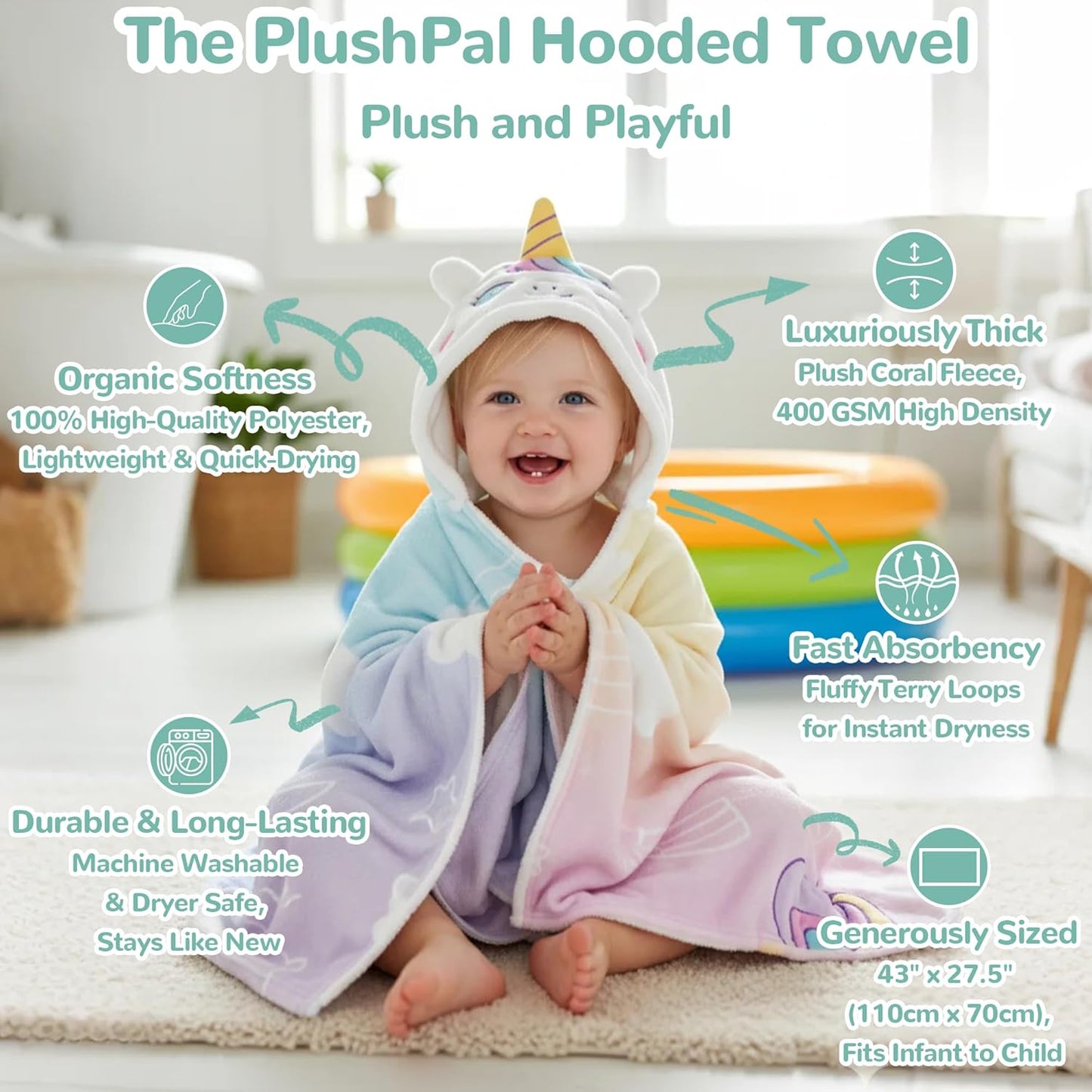 HECCEI HoodieHug Baby Towels, Premium Coral Fleece Bath Towel with Large Size-Ultra Absorbent for Baby Comfort- Great Gift for Newborn, Toddler and Kid (Unicorn + Elephant)