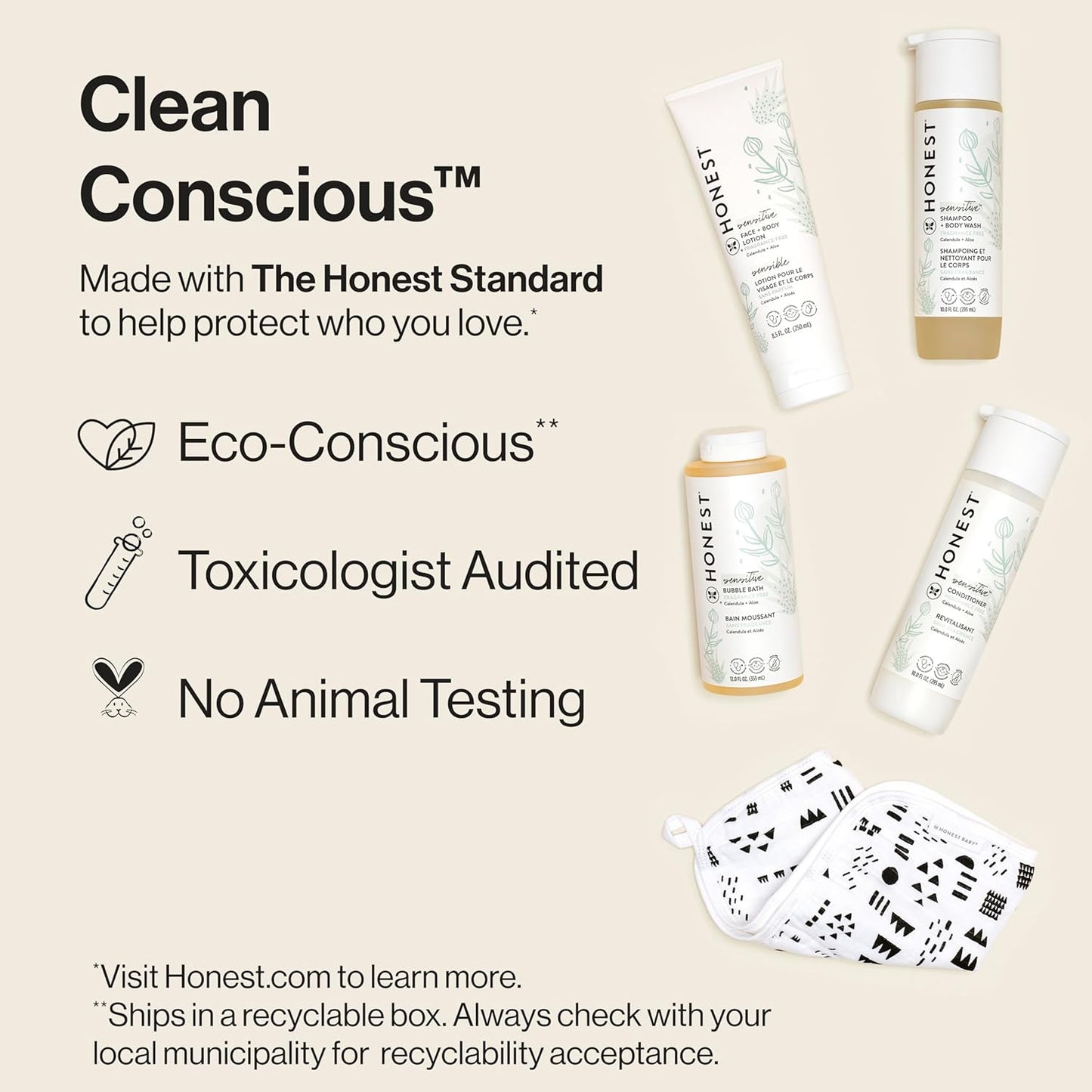 The Honest Company Fragrance Free Bathtime Gift Set | Hypoallergenic Bath Essentials for Sensitive Skin | Shampoo + Body Wash, Face + Body Lotion, Bubble Bath, Conditioner, Wash Cloth