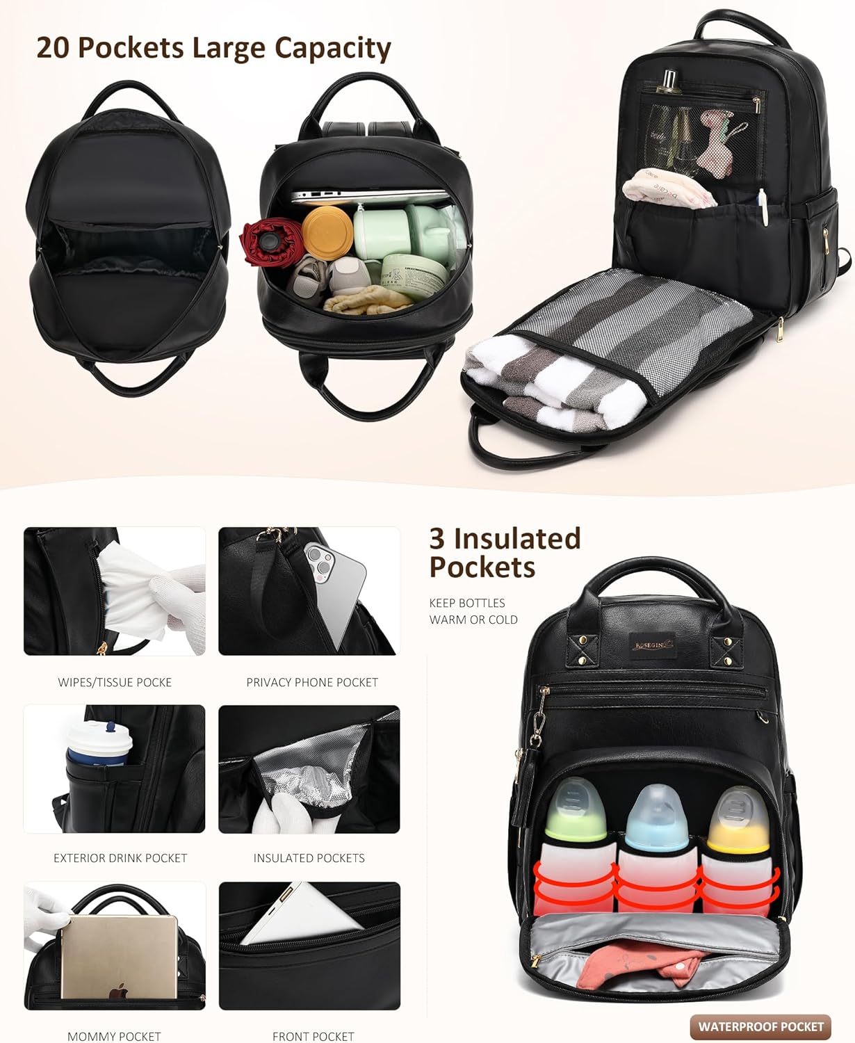 Premium Vegan Leather Diaper Bag Backpack with Waterproof Changing Pad, Reinforced Zippers & Odor-Free, 20 Pockets Pro Organizer, Fits 15.6" Laptop, Stroller Straps, Baby Bag for Mom, Black
