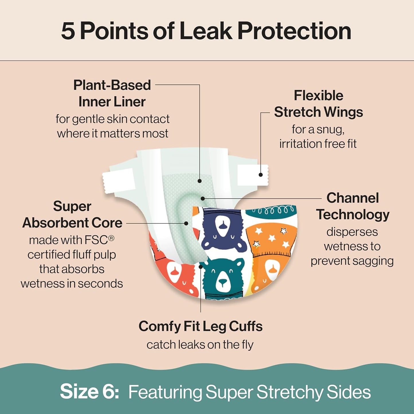 The Honest Company Clean Conscious Diapers for Sensitive Skin, Up to 100% Leakproof Hypoallergenic Fragrance-Free Baby Diapers, Gender Neutral Prints, Super Club Box, Size 6 (35+ lbs), 68 Count