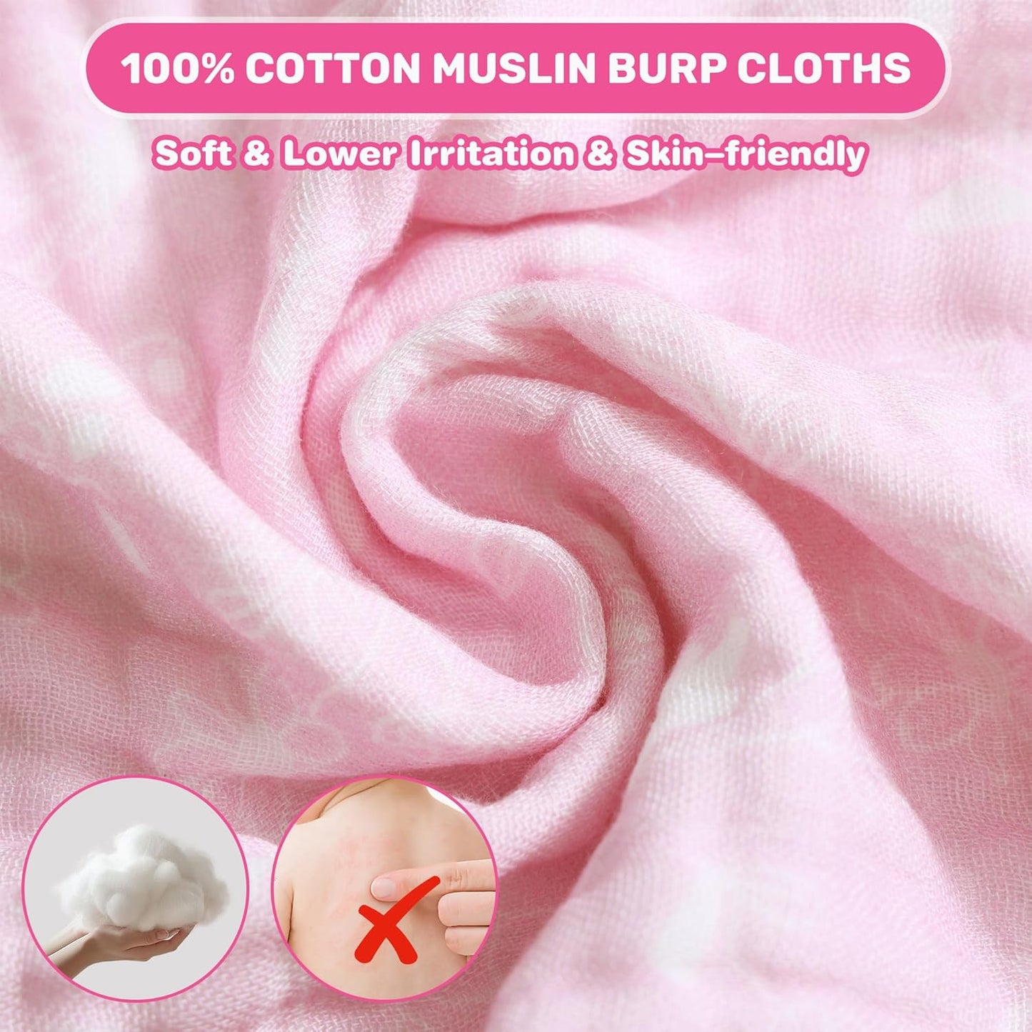 Viviland Baby Muslin Burp Cloths, Super Absorbent Washcloths for Baby Girl and Boy, 10 x 20 inches 6-Layer Baby Bath Towels, Pink Flowers & Hearts 4 Pack