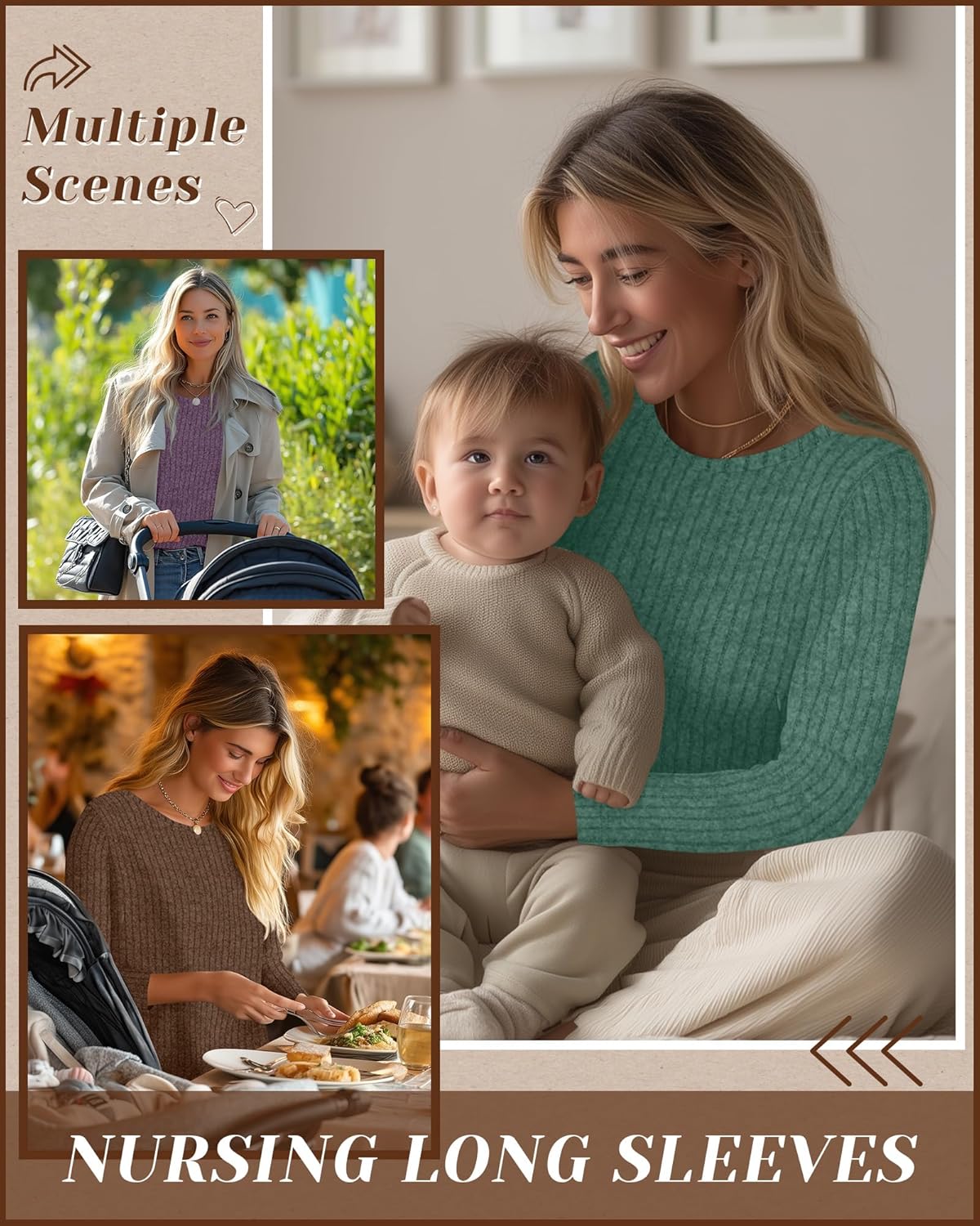 3 Pack Women's Nursing Long Sleeve Tops Breastfeeding Thermal Sweaters with Hidden Zipper Maternity Ribbed Shirts