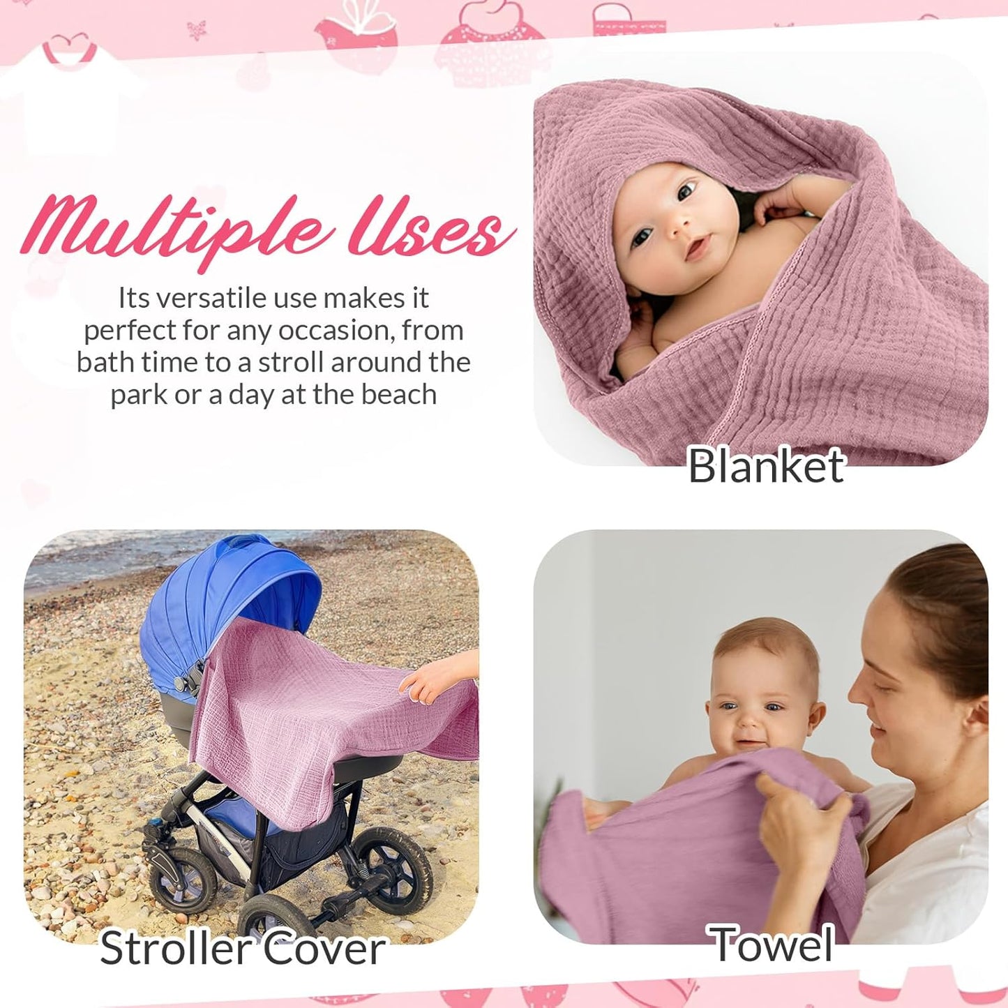 6 Pcs Muslin Hooded Bath Towels Washcloths and Bibs Set, Muslin Cotton Baby Towels Absorbent Hooded Blanket Towel Infant Bibs for Boys Girls Newborn Infant Essentials(Pink,Rose)