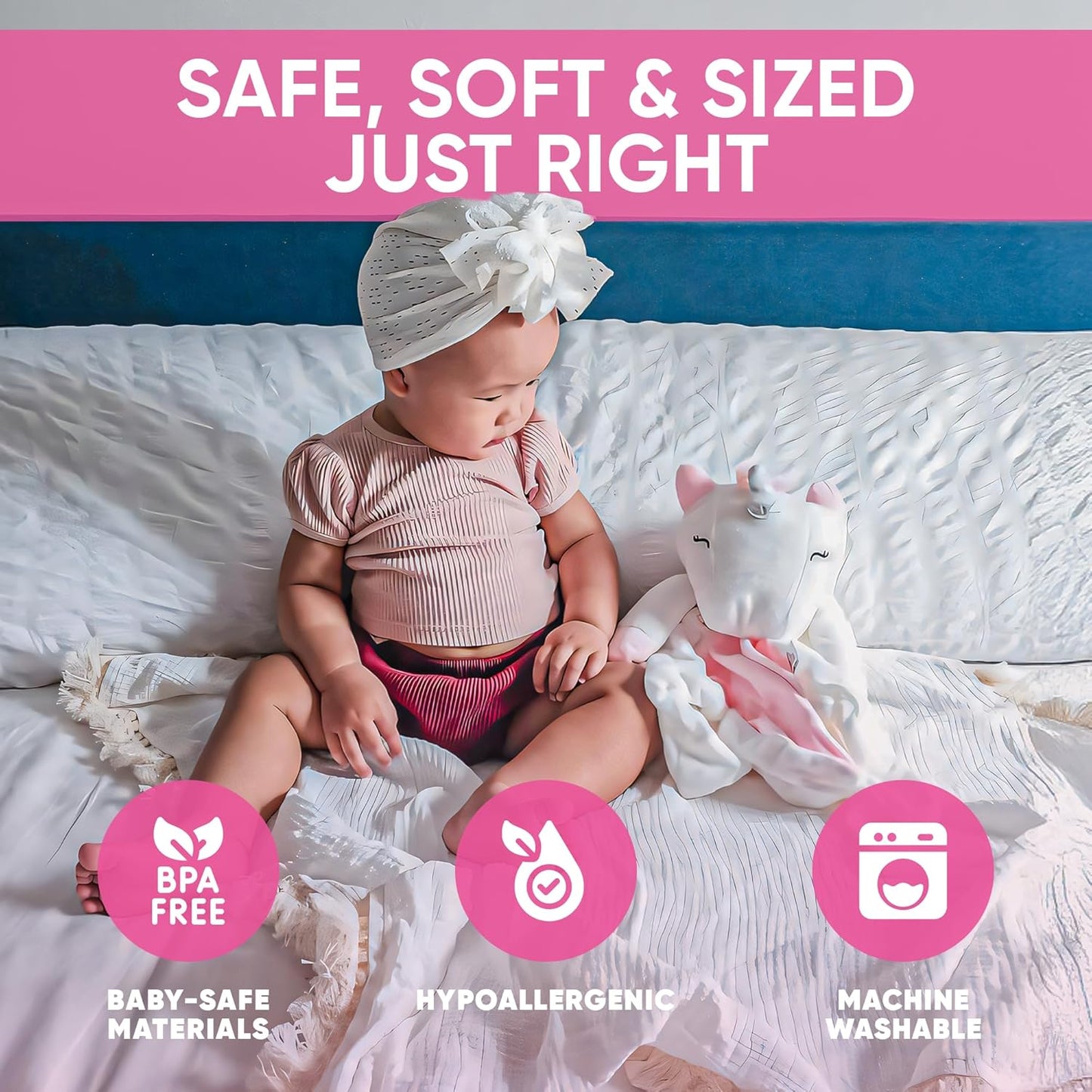 Baby Sleep Soother Pink & White Unicorn Plush with Heartbeat & Lullaby Sounds, 4-in-1 Sound Machine, Security Blanket & Pacifier Holder, Baby Registry Essential & Christmas Gift for Newborns & Infants