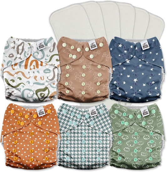Mama Koala 3.0 Cloth Diapers for Babies with AWJ Lining, 6 Pack with 6 5-Layer Natural Cloth Diaper Inserts - Reusable and Washable Pocket Diapers(A-Full of Hope)