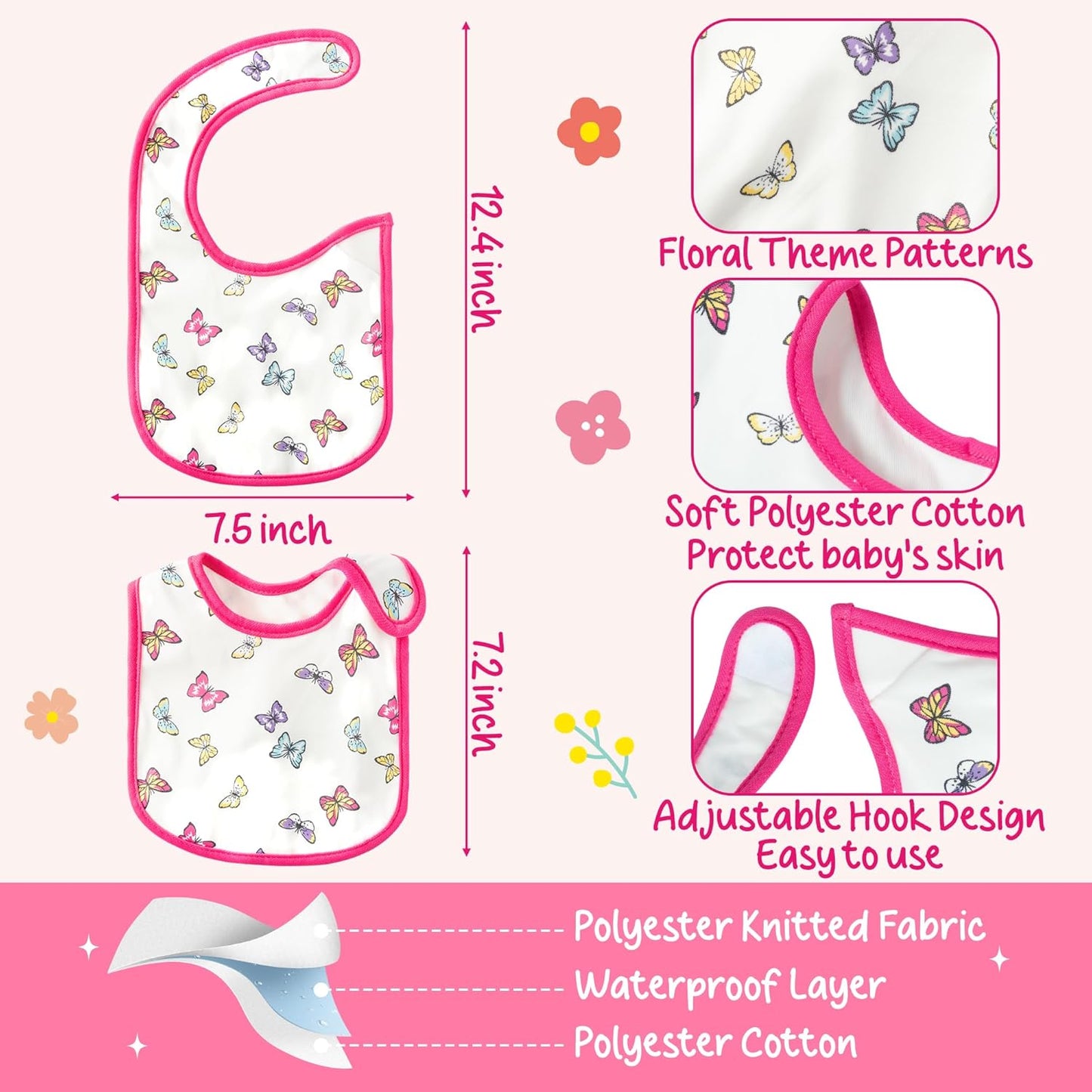 7Pcs Cotton Waterproof Baby Bibs Hook Loop Closure Newborn Bib Keepsake Baby Gift for Drooling Feeding Eating