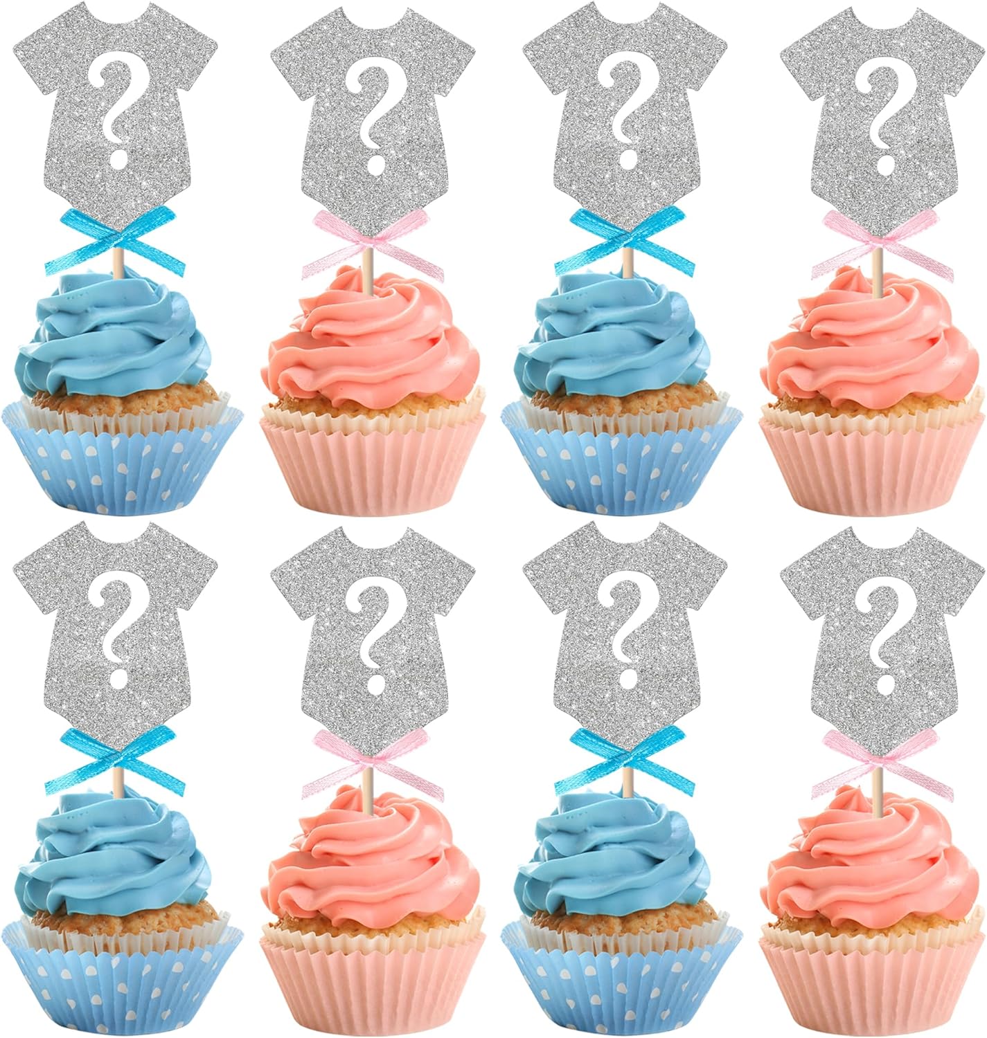 Rsstarxi 24 Pack Gender Reveal Cupcake Toppers Pink or Blue Bow Tie Boy or Gir Cupcake Picks Decorations for Baby Shower Gender Reveal Party Cake Decorations Silver