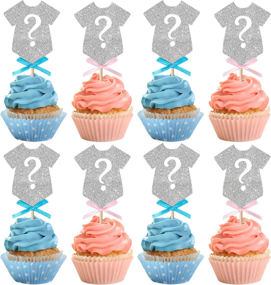 Rsstarxi 24 Pack Gender Reveal Cupcake Toppers Pink or Blue Bow Tie Boy or Gir Cupcake Picks Decorations for Baby Shower Gender Reveal Party Cake Decorations Silver
