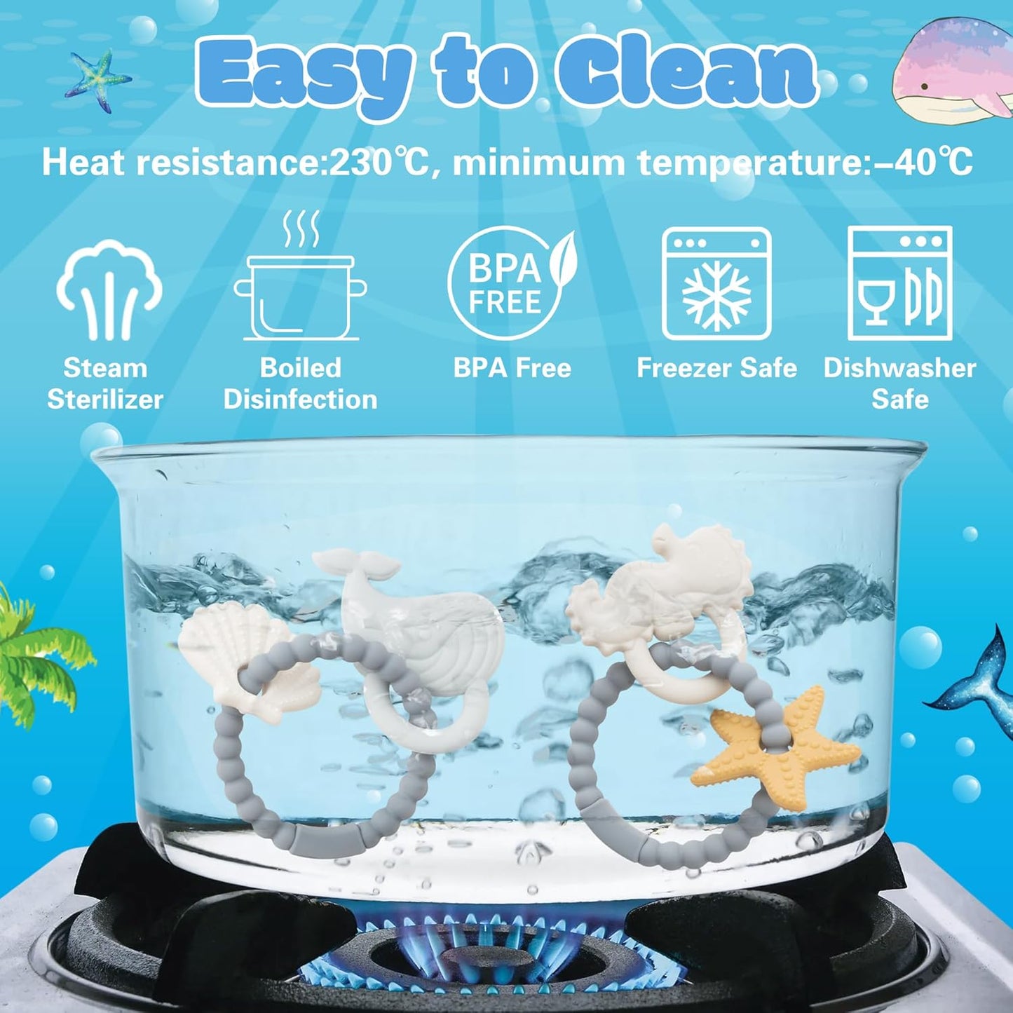 Silicone Teether Toys for Babies - 2ooya 2Pcs Summer Ocean Beach Themed Teething Ring Infant Soft Teethers, Toddler Teething Chew Toys for Newborn Boy and Girl Baby Shower Birthday Gifts