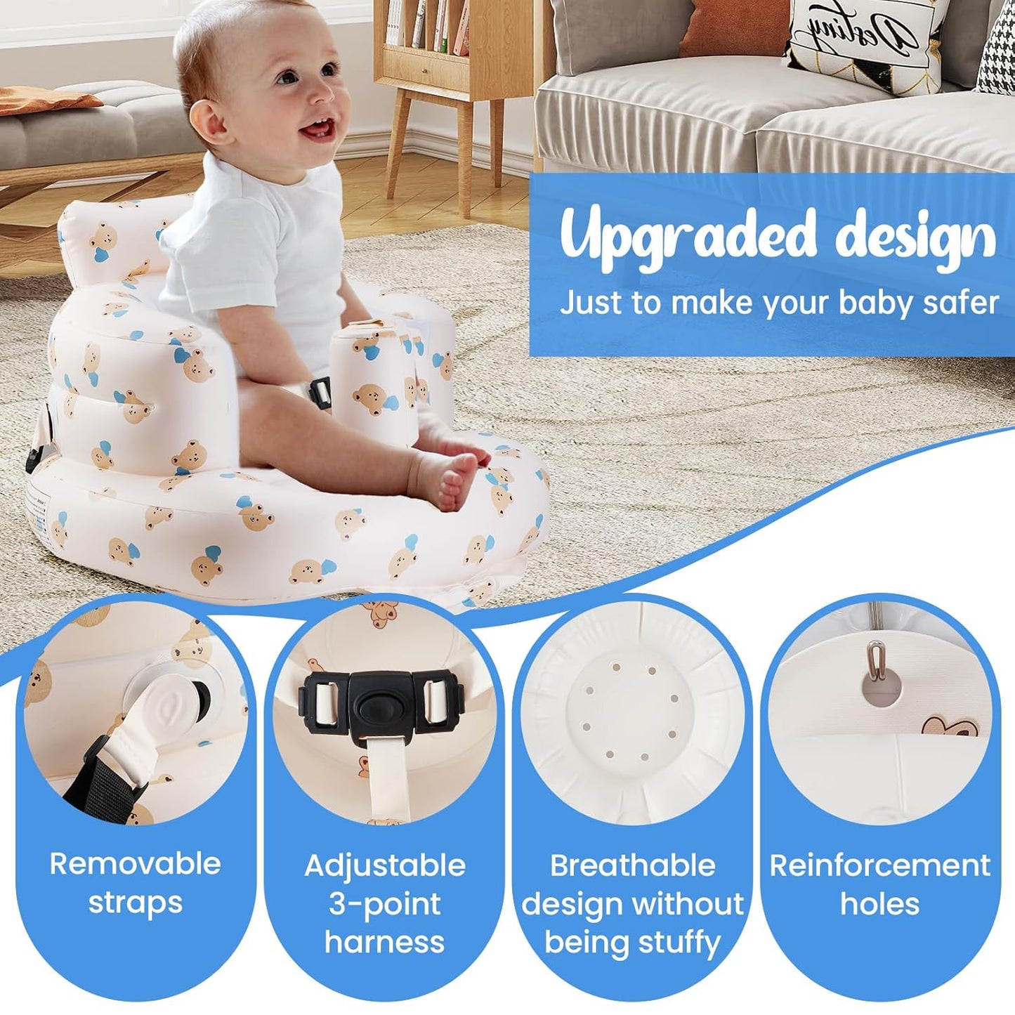 Inflatable Baby Seat with 3-Point Safety Belt & Built-in Pump - Portable Infant Chair for Sitting Up, Travel, Home Use (Blue Love Bear Head)