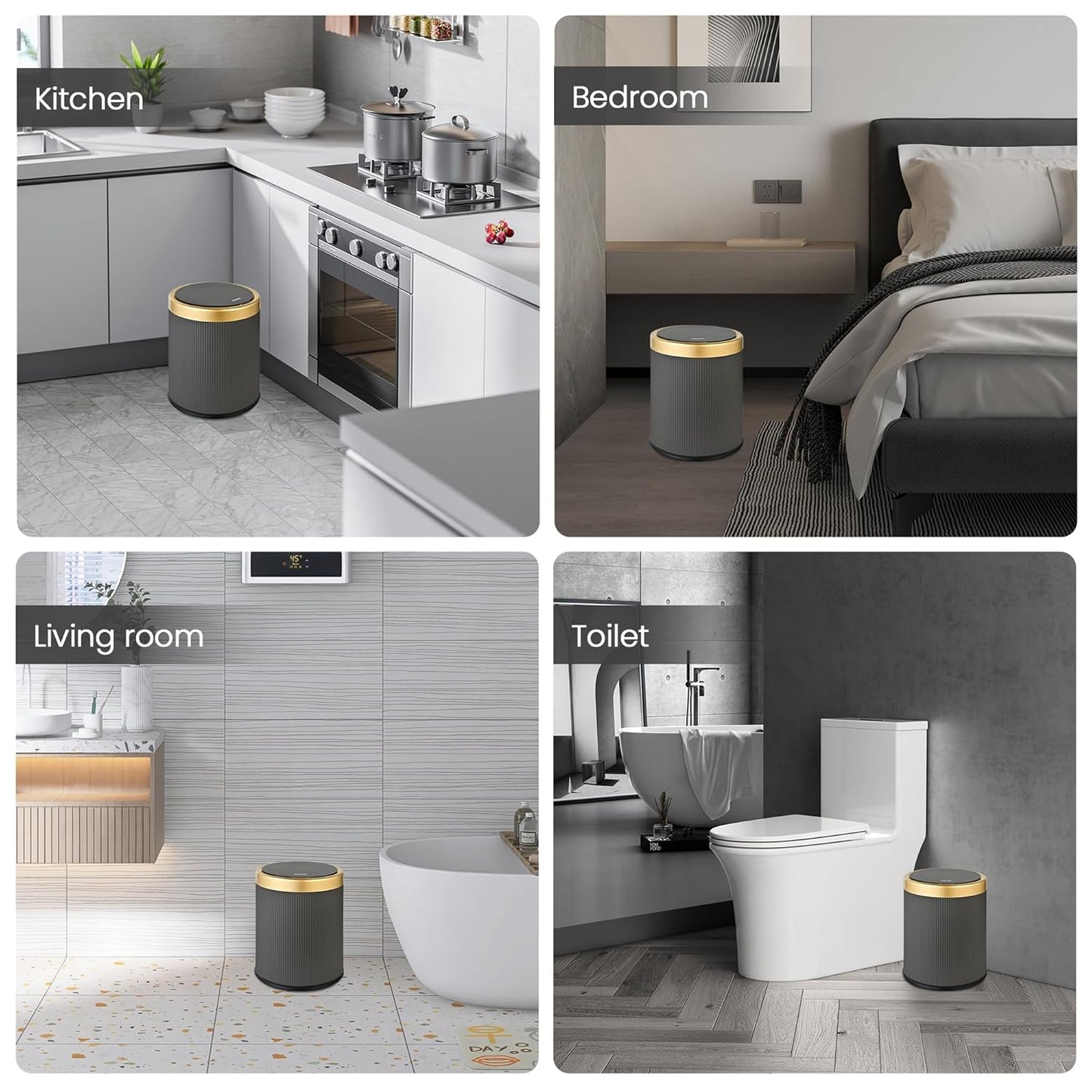 Pukomc Bathroom Trash Can with Lid，3.5 Gallon Motion Sensor Waterproof Touchless Garbage Can, Smart Plastic Trash Bins Suitable for Kitchen, Bathroom, Bedroom, Living Room, Office Grey