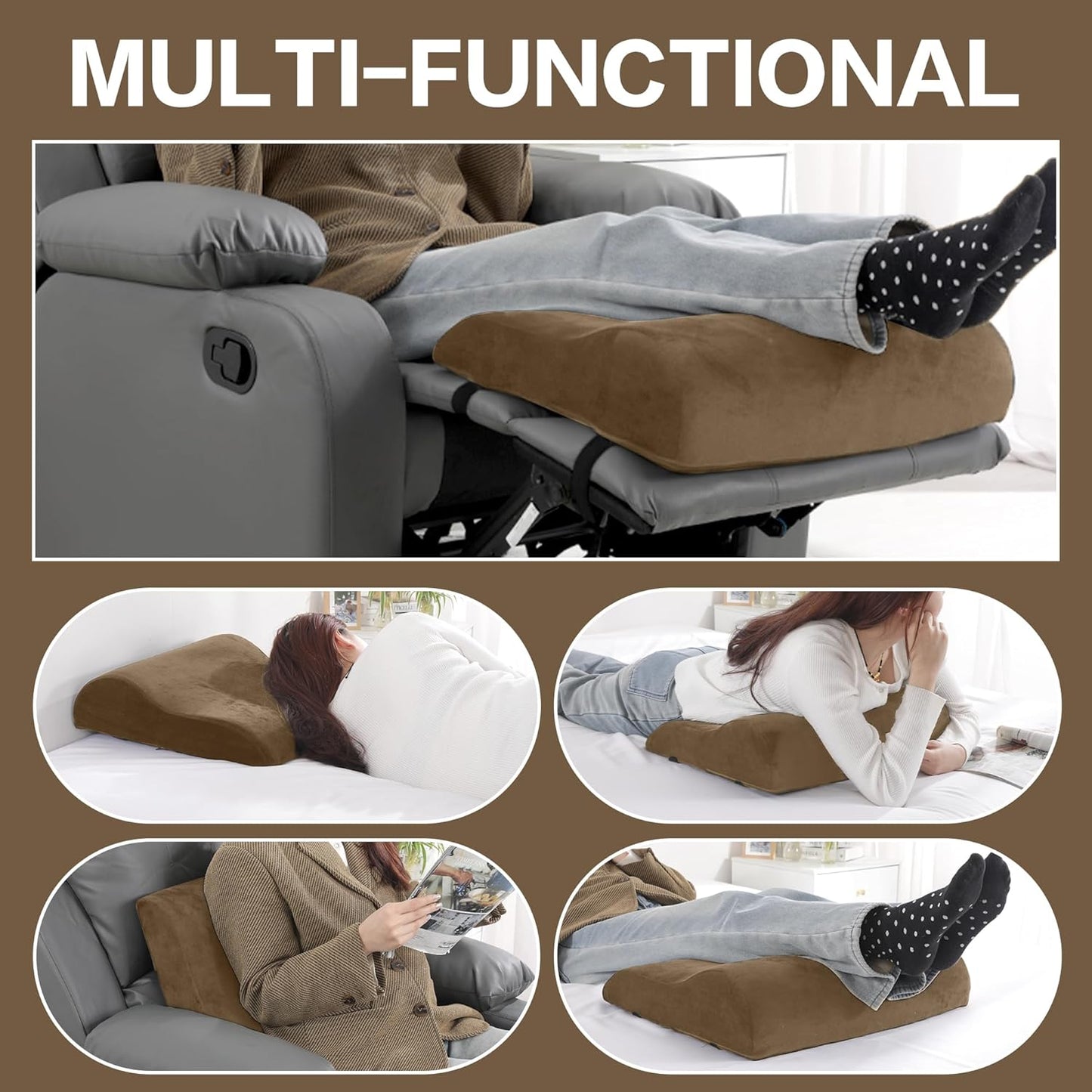 HOMBYS Extra Large Recliner Leg Pillow, Foam Foot Rest Cushion Wave Shape Recliner Footrest Extender, Multi Purpose Back & Lumbar Support Pillow for Bed, Sofa Couch, Coffee Color