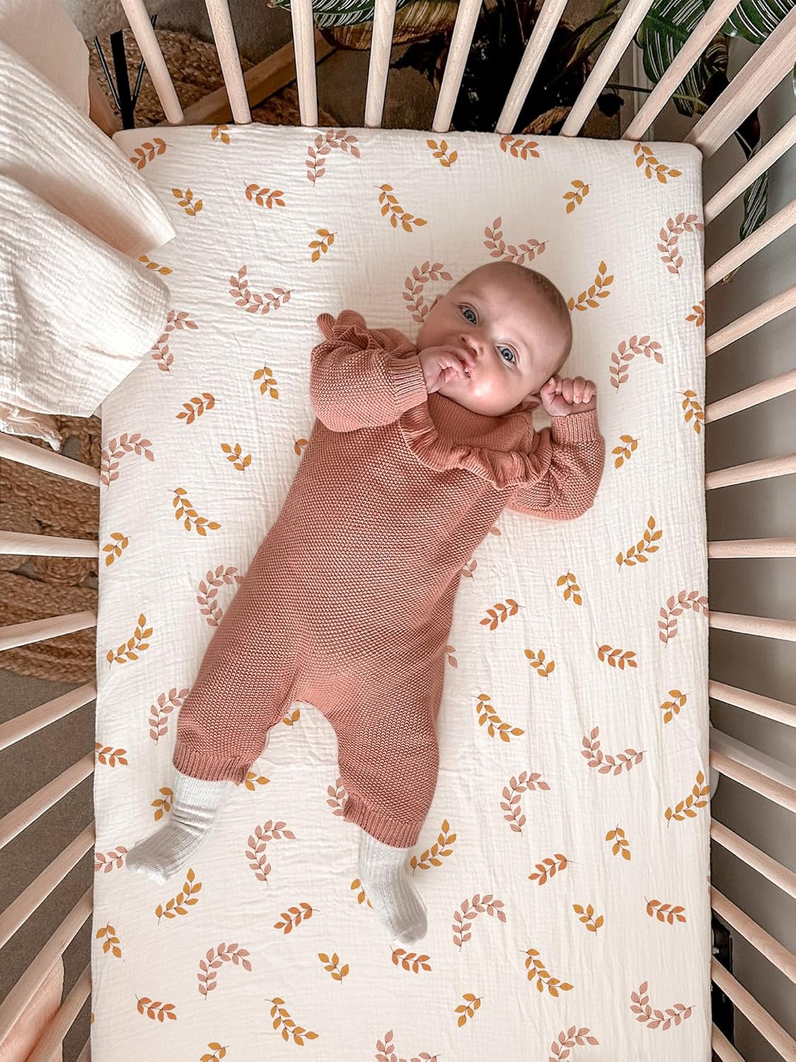 Crib Sheets for Baby Boy Girl 2 Pack, Fitted Crib Mattress Sheet 28" x 52", Muslin Toddler Bedding with Neutral Style, Nursery Bedding Essentials (Brick & Leaf)