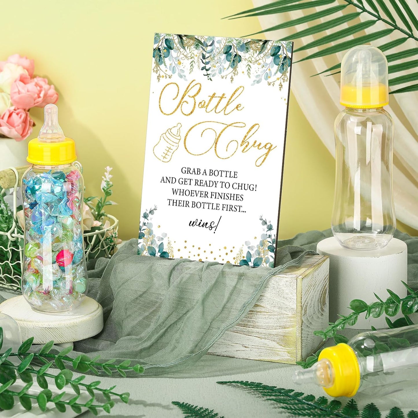 TrelaCo Greenery Cool Baby Shower Games Bottle Chug Sign Wooden Neutral Greenery Floral Gift Sets Gender Reveal Party Favors and 12 Pcs Baby Bottle Shower Favor for Games Gender Reveal