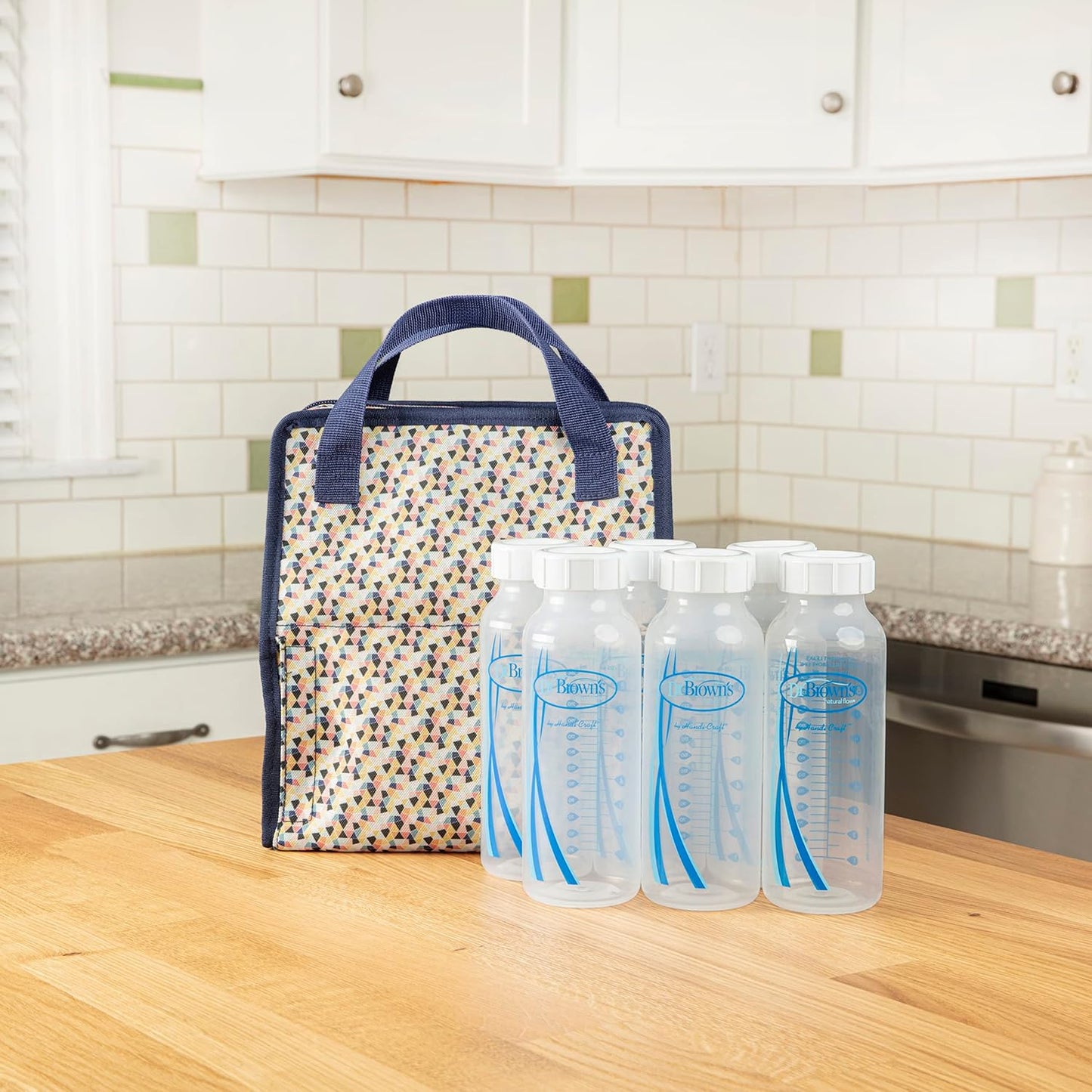 Dr. Brown's Fold & Freeze Bottle Tote, Travel Baby Bottle Insulated Cooler Bag, Store Up to 6 Baby Bottles, Geometric Multicolor, BPA Free