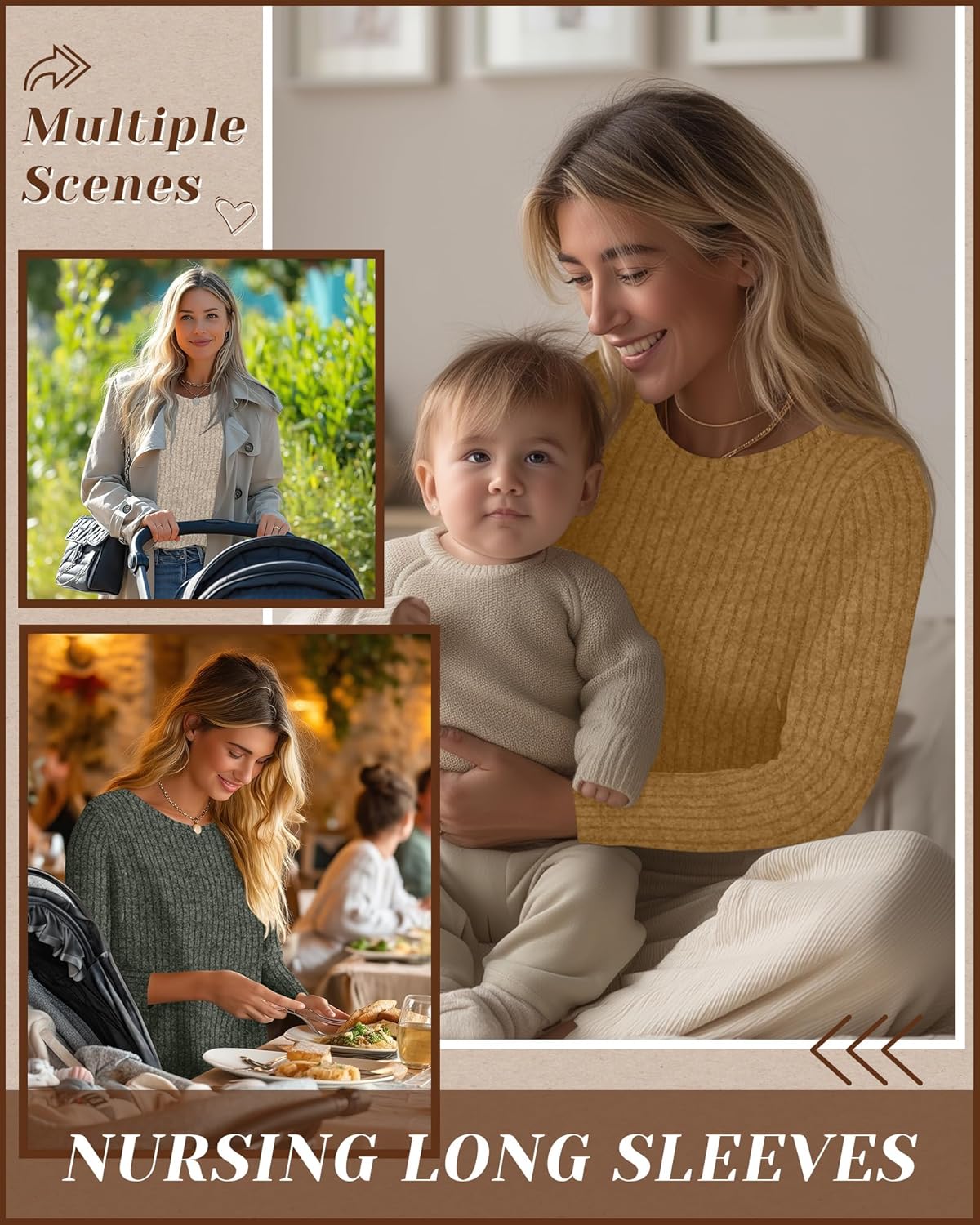 3 Pack Women's Nursing Long Sleeve Tops Breastfeeding Thermal Sweaters with Hidden Zipper Maternity Ribbed Shirts