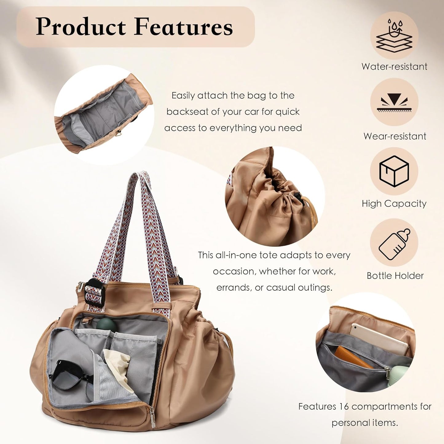 Diaper Bag Tote for Moms & Women, Large Capacity Multi-Functional Tote with 16 Compartments, Convertible Backpack & Shoulder Bag for Work, Travel, Shopping & Picnic (Stone Gray)