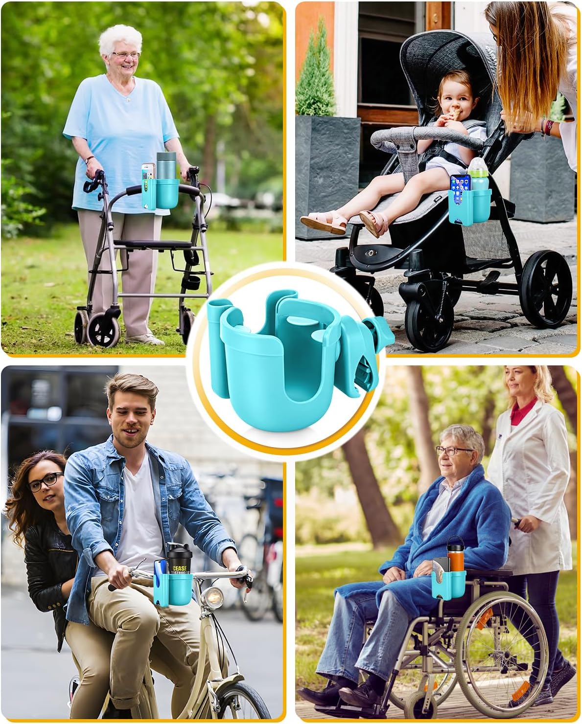 Universal Stroller Cup Holder with Mobile Phone Case, 2-in-1 Strollers Storage Rack, 360 Degrees Rotation Drink Holder for Bike, Pushchair, Wheelchair, Walker,Bicycle, Fits Most Cups (Blue)