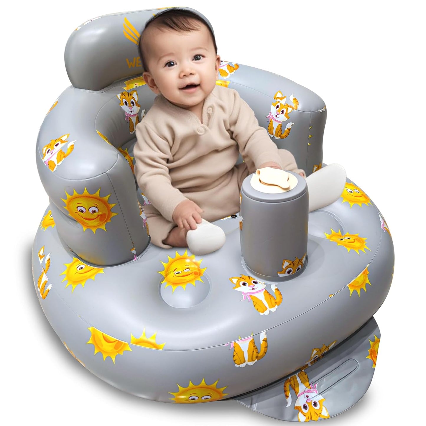 Inflatable Baby Seat for Babies 3-36 Months Blow Up Chair for Babies Infants Toddler Floor Sitting Up with Built in Air Pump (Grey, Tigers & Suns)