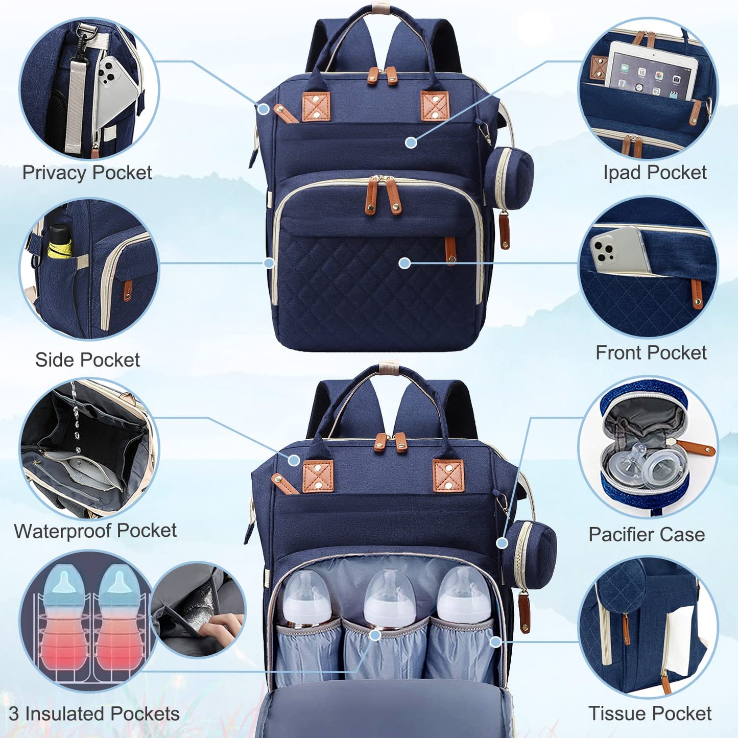 Diaper Bag Backpack Baby Bag, Baby Girl Boy Diaper Bag for Dad Mom with Pad, 16 Pockets, Pacifier Case, Large Diaper Bags Unisex for Travel (Blue)