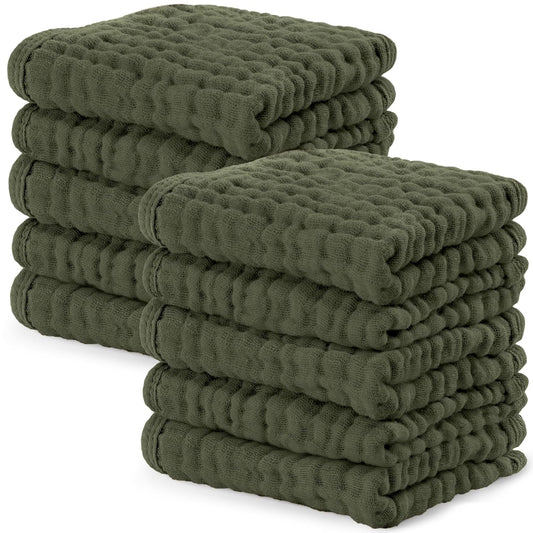 Comfy Cubs Muslin Baby Washcloths 10 Pack - Soft 6-Layer Cotton Wash Cloths for Sensitive Skin - 10"x10" Large, Gentle, Absorbent Infant Essentials for Newborn and Toddlers - Kelp