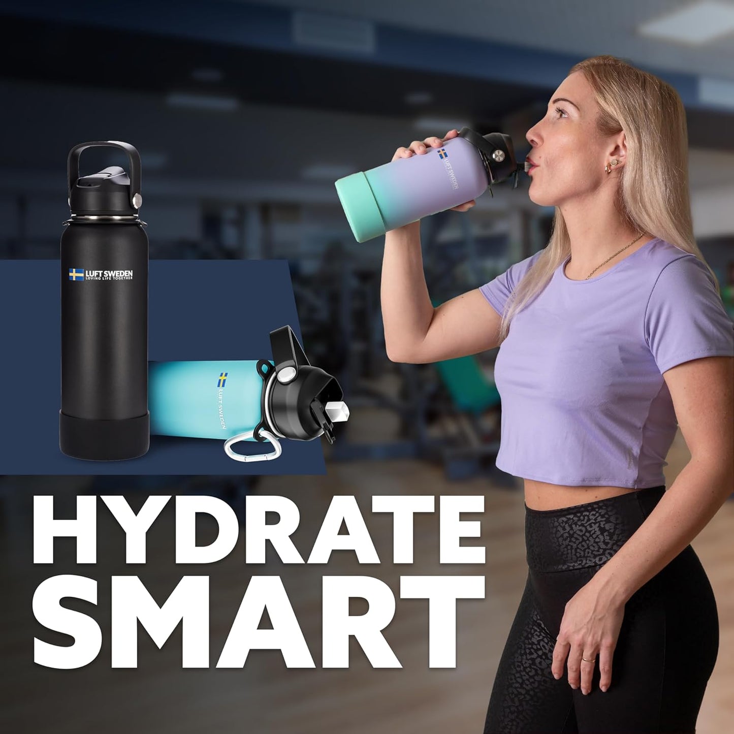 LUFT SWEDEN 32 oz Insulated Stainless Steel Water Bottle – Leakproof, BPA-Free, Reusable Gym Bottle with Straw Lid | Dishwasher Safe, Double Wall Water Bottle for Cold Drinks – Matte Black
