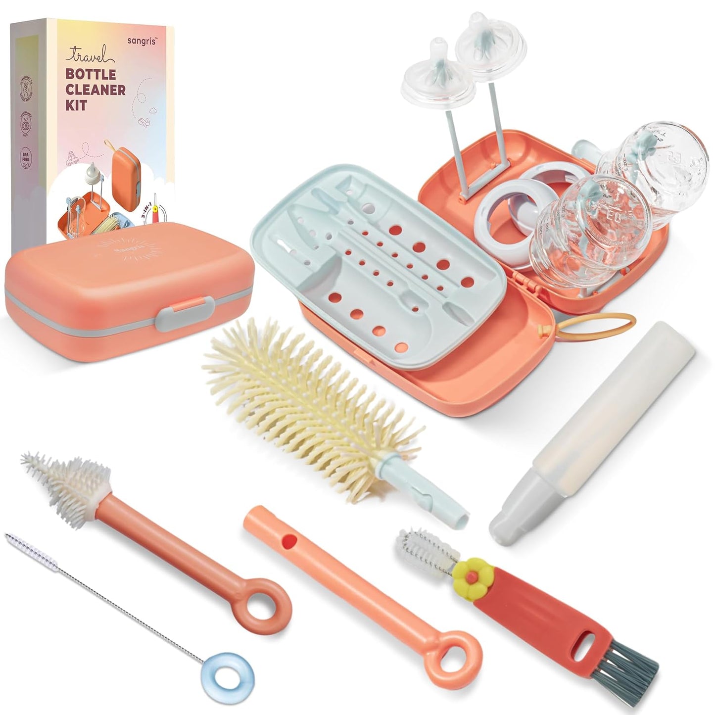 10-in-1 Baby Bottle Cleaner Brush Set – Travel-Friendly Kit with Silicone Bottle Cleaning Brush, Nipple & Straw Brushes, Soap Dispenser, Baby Bottle Drying Rack, Portable Bottle Cleaning Kit