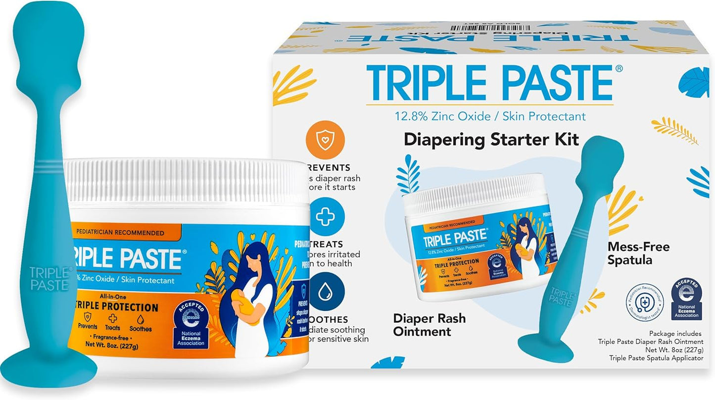 Triple Paste Diaper Rash Cream and Spatula Bundle - 8 oz Zinc Oxide Ointment and Spatula Treatment, Soothe and Prevent Rash with a Pediatrician-Recommended Hypoallergenic Formula