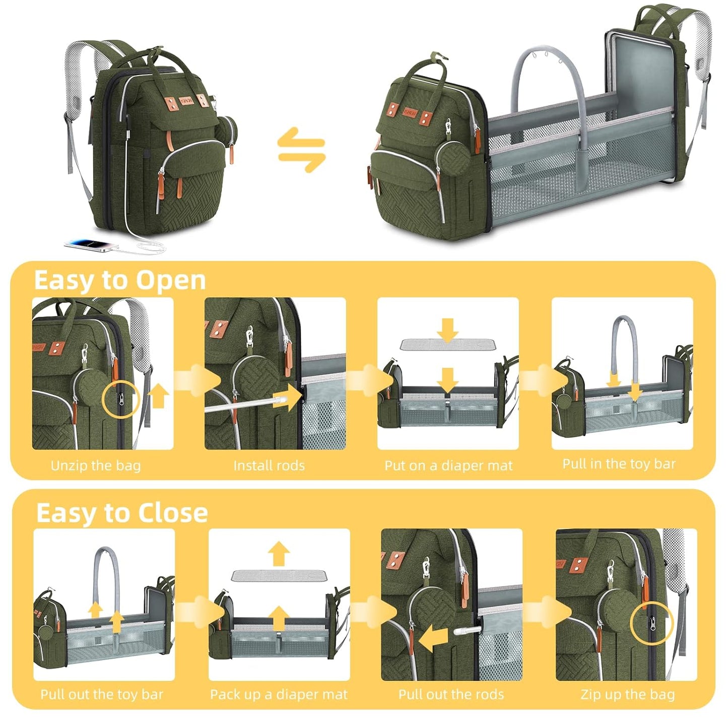 Diaper Bag Backpack with Changing Station, Large Diaper Bag, Baby Bag, Multifunctional Diaper Bag, ARMYGREEN