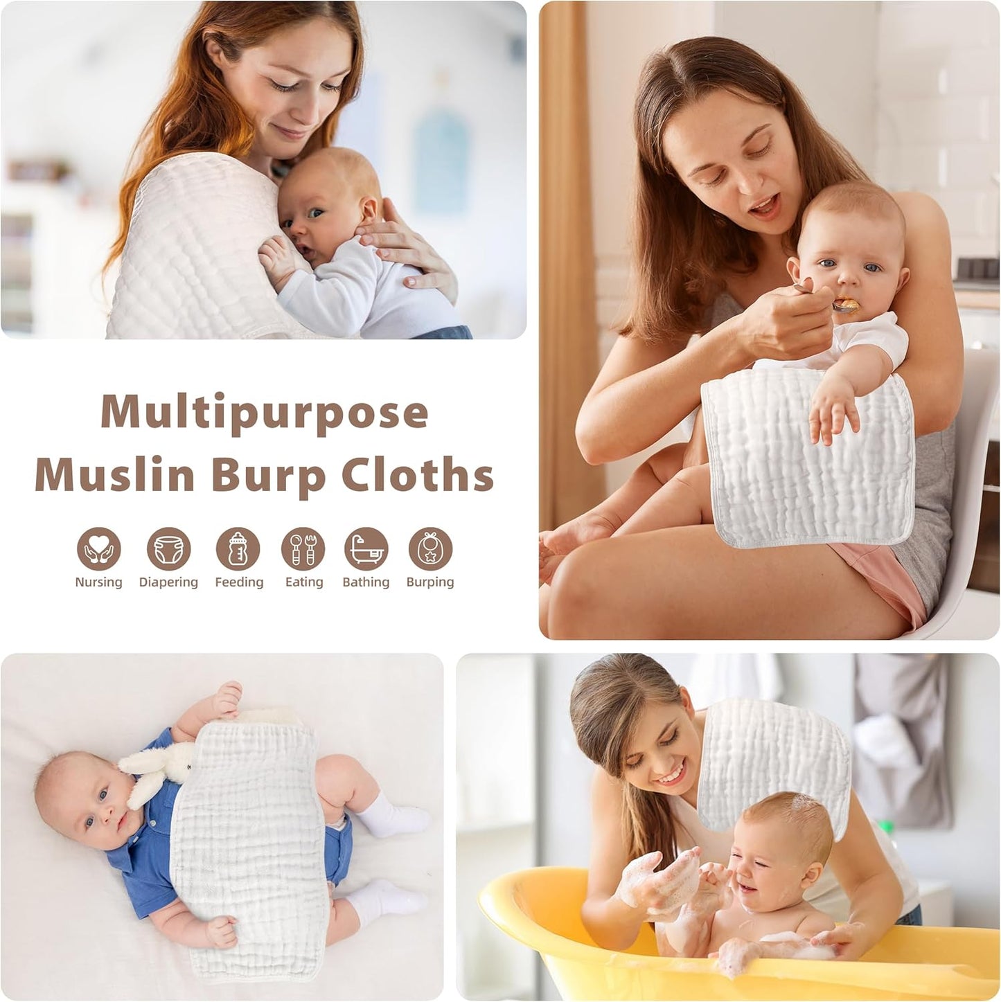BHYTAKI 12-Pack Muslin Burp Cloths for Baby Boys & Girls, 20"X10" Essentials Large 100% Cotton Burp Rags, 6 Layers Extra Absorbent and Soft burping Cloths for Babies (White)