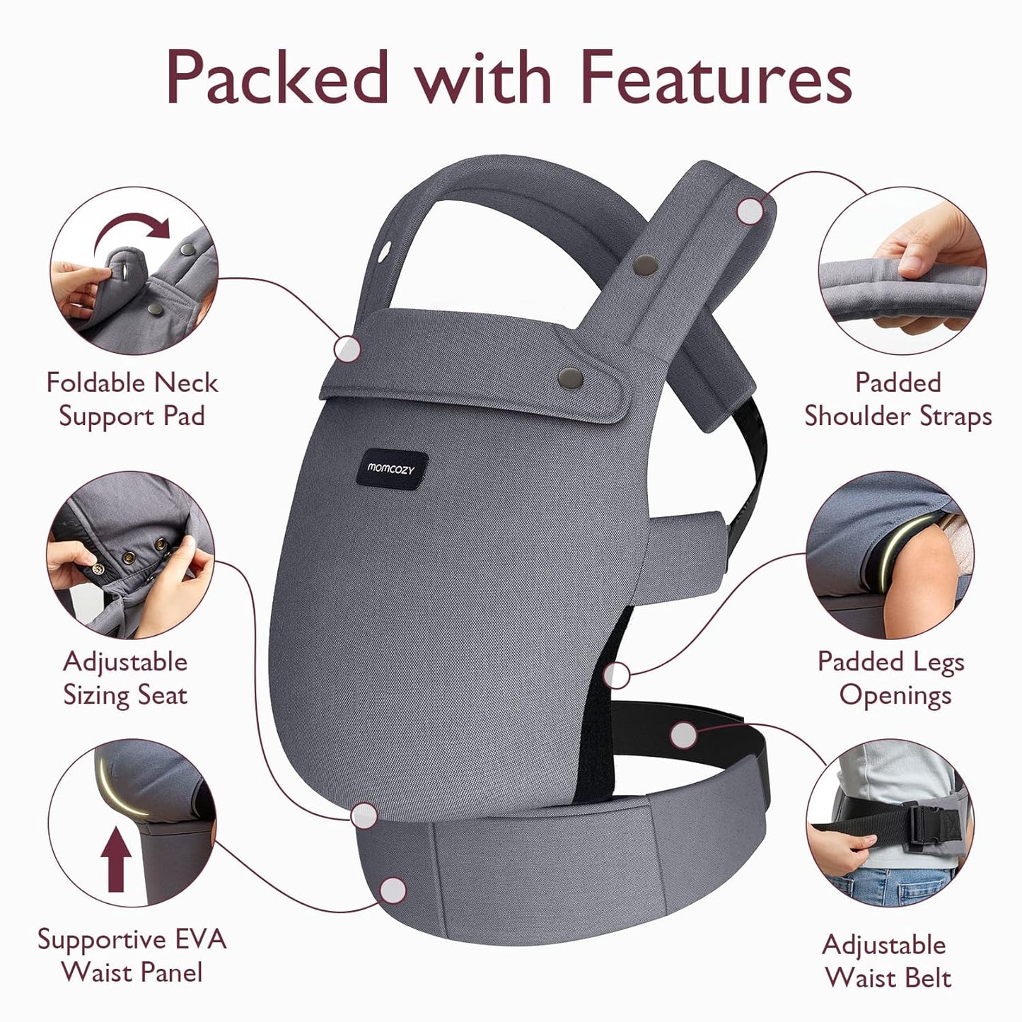 Momcozy Baby Carrier - Ergonomic, Cozy and Lightweight Carrier for 7-44lbs, Effortless to Put On, Ideal for Hands-Free Parenting, Enhanced Lumbar Support, Purehug for Infant to Toddler, Grey