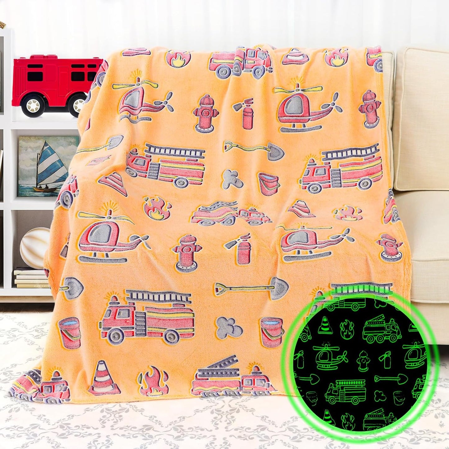Glow in The Dark Blanket Toddler Fire Truck Gifts Toys for Boys Soft Kids Blankets for Birthday Gifts