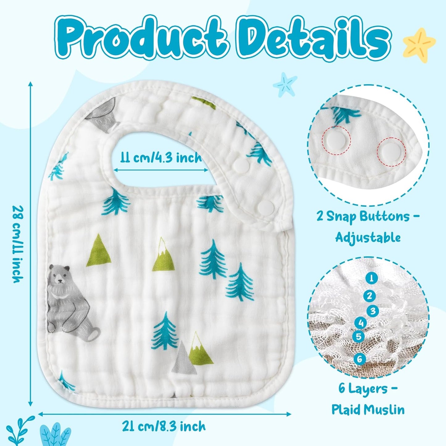 Zainpe 6Pcs Snap Muslin Cotton Baby Bibs Bear Fox Infants Drooling Bib Soft Absorbent Adjustable Burp Cloth Machine Washable Feeding Cloths for Newborn Girl Boy Toddler Teething Eating 0 to 36 Months