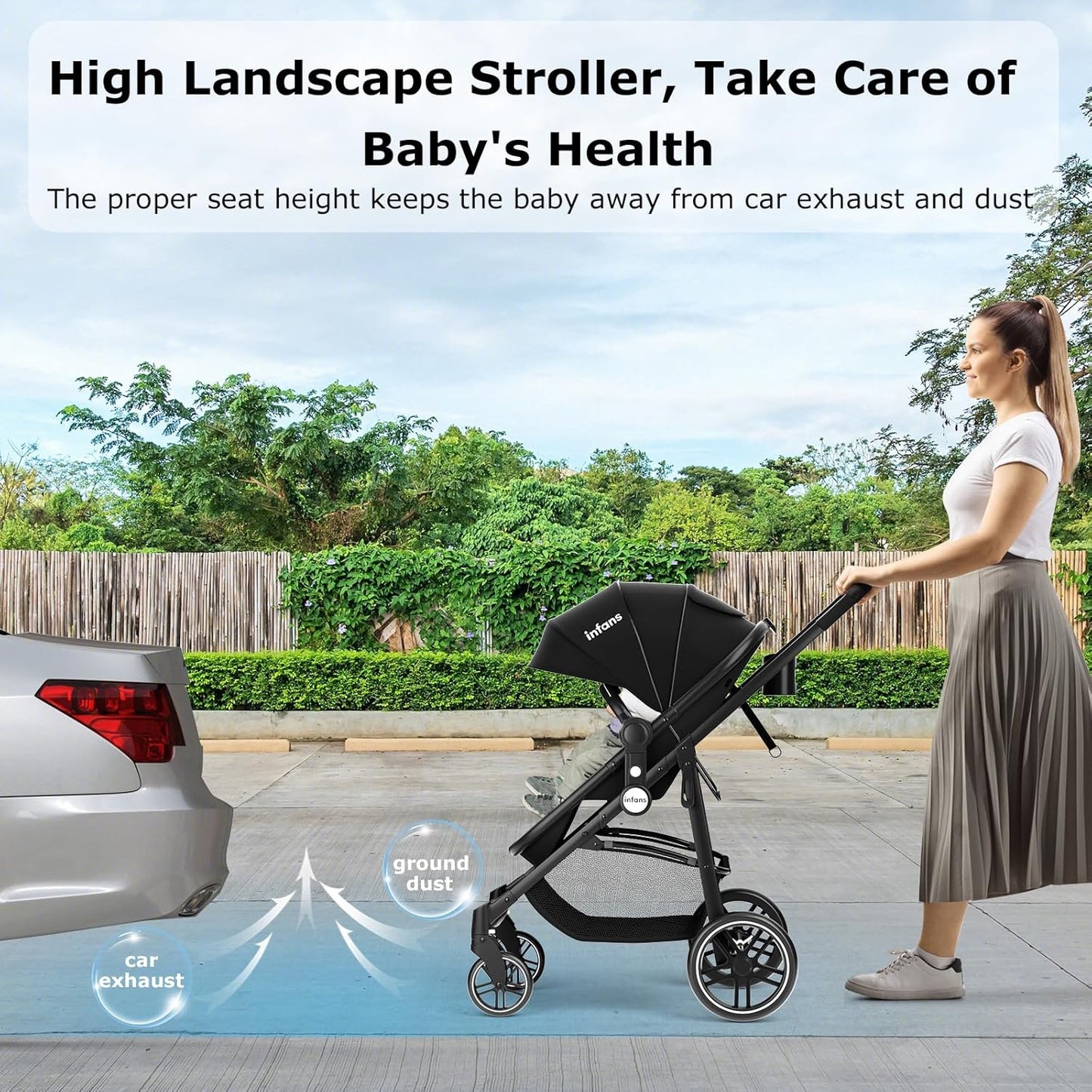 INFANS 2 in 1 Baby Stroller, High Landscape Infant Stroller & Reversible Bassinet Pram, Foldable Pushchair with Adjustable Canopy, Storage Basket, Cup Holder, Suspension Wheels (Black)