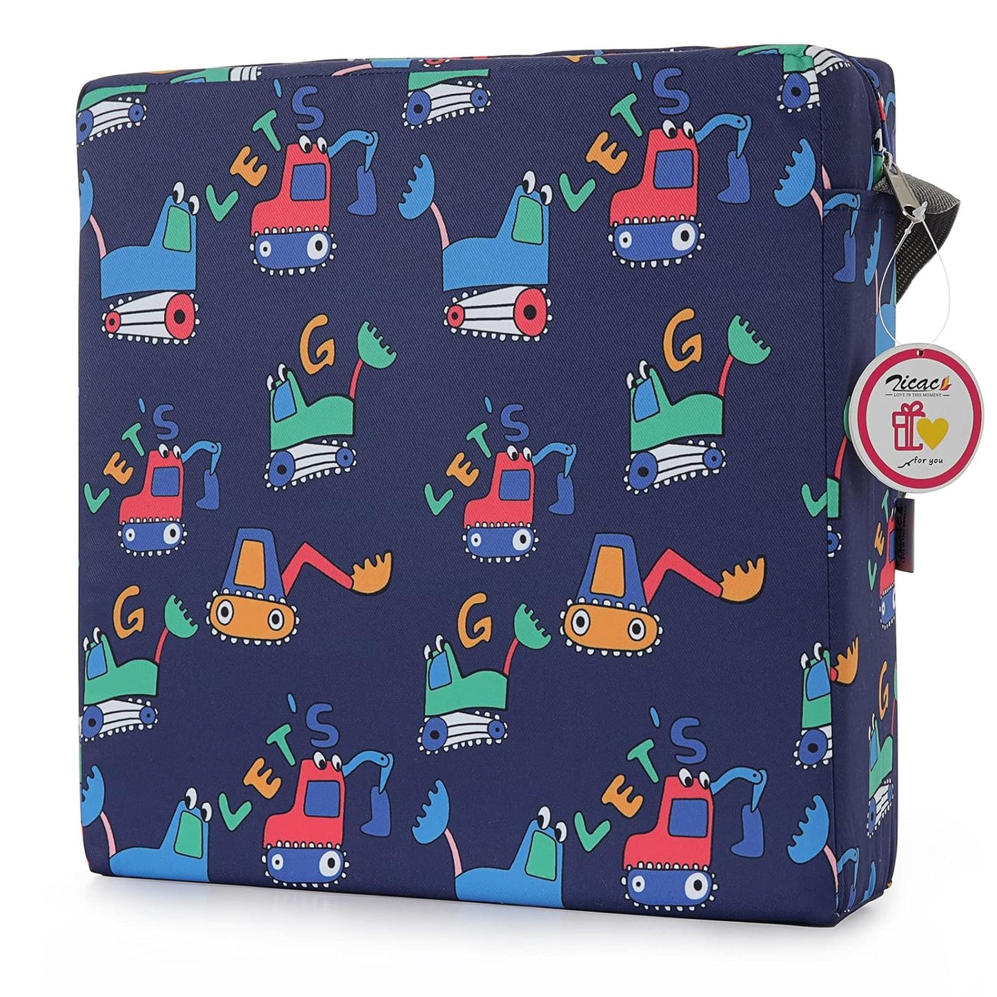 Zicac Portable Toddler Booster Seat for Dining Table, Safer Non-Slip Kids Booster Seat with Double Adjustable Straps, Washable Detachable Strong Support Increasing Cushion for Child (Blue Excavator)