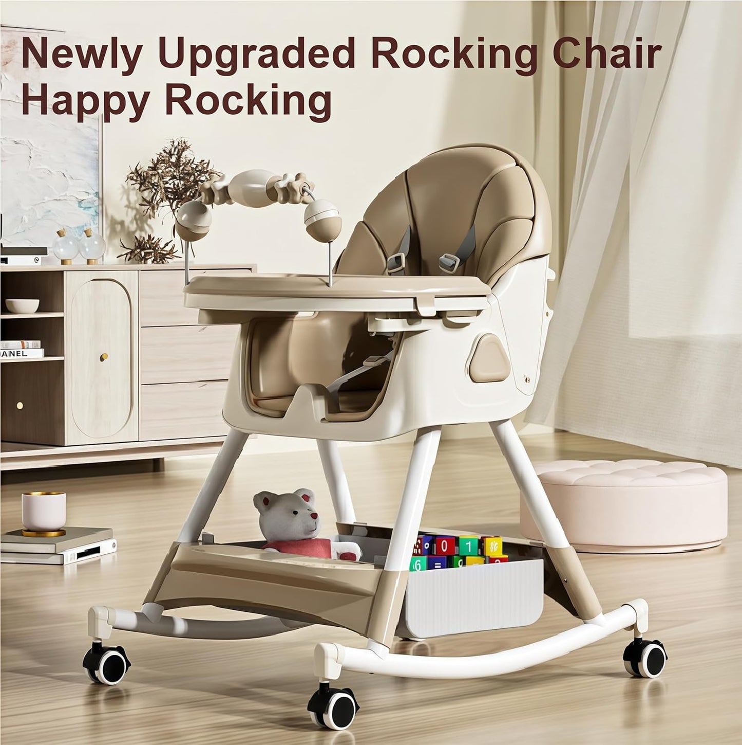 Nine point nine PU Leather High Chairs with Rocking Mode, High Chair for Babies and Toddlers, Adjustable and Easy to Fold Highchair, Highchairs with Double Tray (Grey)