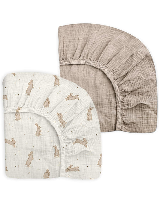 Crib Sheets for Baby Boy Girl 2 Pack, Fitted Crib Mattress Sheet 28" x 52", Muslin Toddler Bedding with Neutral Style, Nursery Bedding Essentials (Hopping Bunnies & Beige)