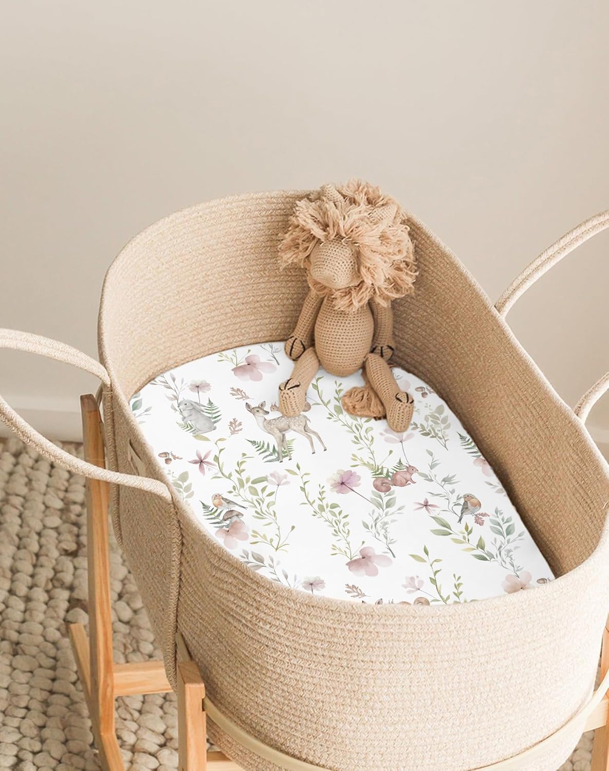 Bassinet Sheets for Baby Girls Boys 2 Pack, Fitted Baby Mattress Sheet for Rectangle, Oval, Hourglass Bassinet Mattress, Breathable Cozy & Universal Fit (Floral Fawn)