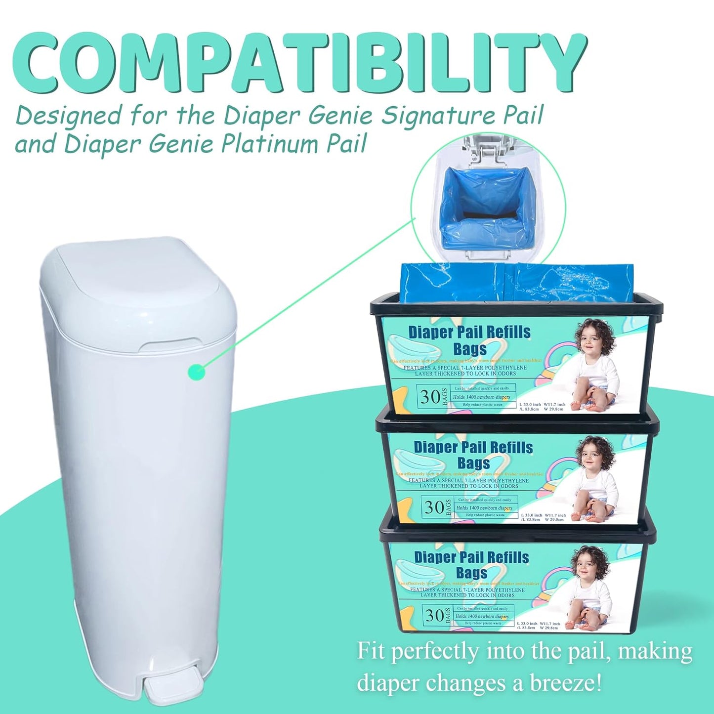 3PCS Upgraded Thickened Diaper Pail Refills Bags For Genie Easy Roll Signature Diaper Pails, 7-Layer Odor-Barrier Technology, 90 Bags Lasts Up to 12 Months, Hold up to 4200 Newborn Diapers