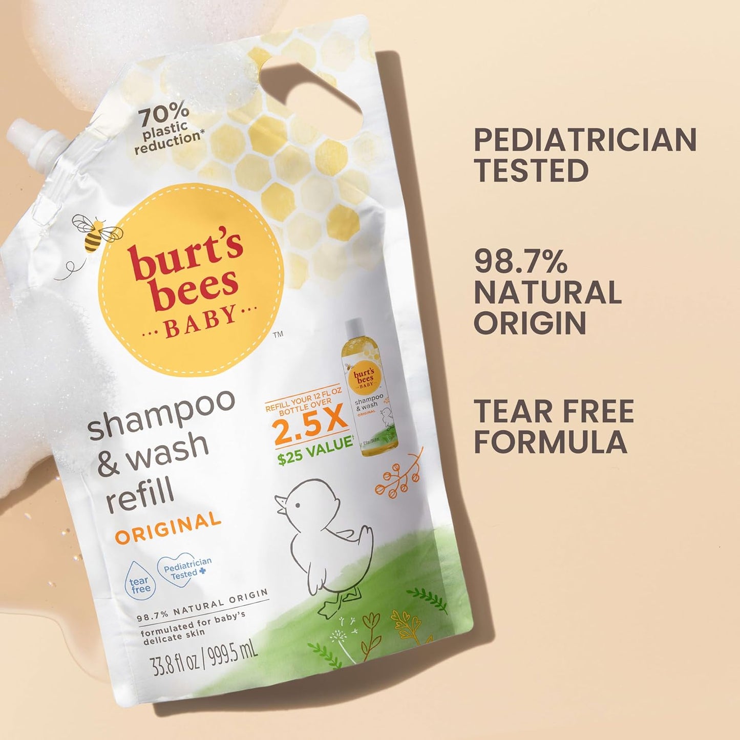 Burts Bees Baby Shampoo and Baby Wash Refill, Original, Plant-Based Formula, Tear-Free, Pediatrician-Tested, Natural Origin, Gently Cleans Sensitive Skin and Hair, 33.8 Fl Oz