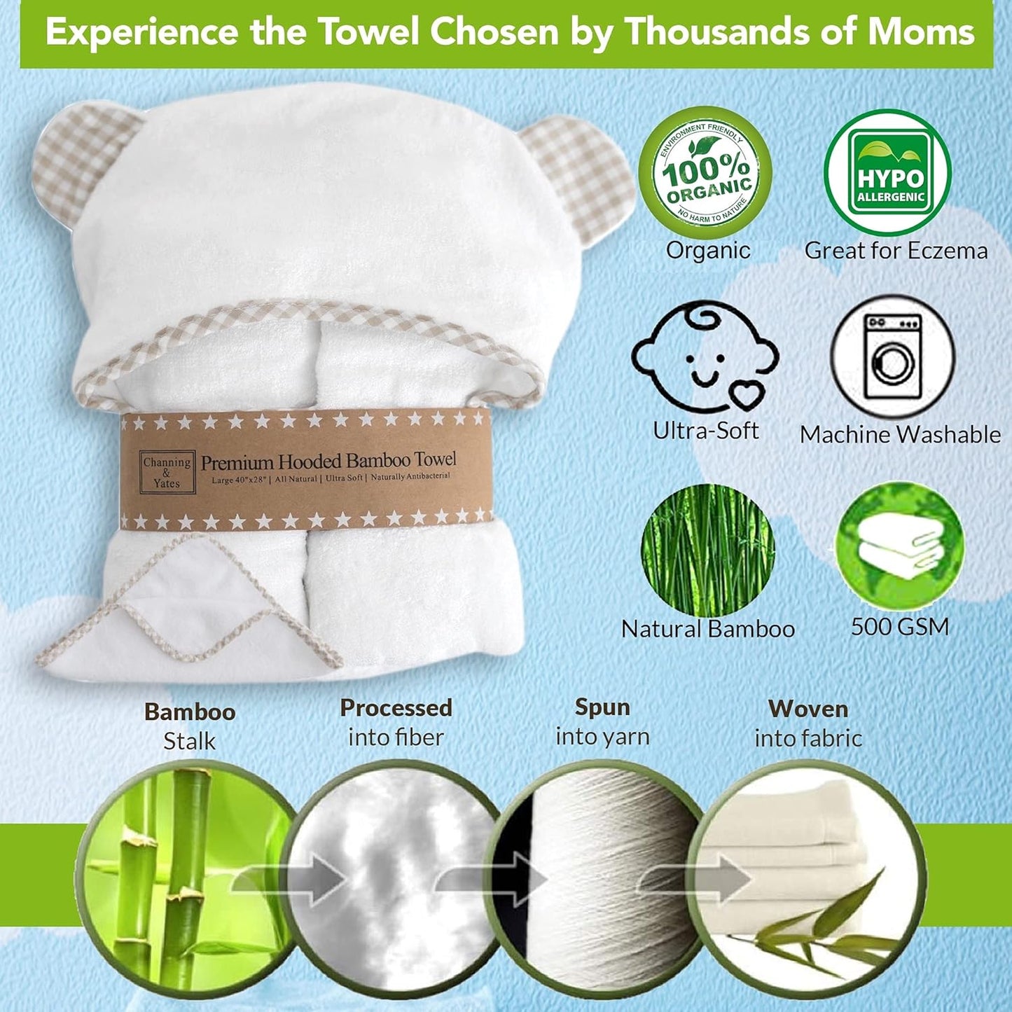 Channing & Yates Premium Organic Baby Towel Set - Soft Viscose Bamboo Hooded Towel & Washcloth - Girl & Boy Bath Essentials (Beige/White)