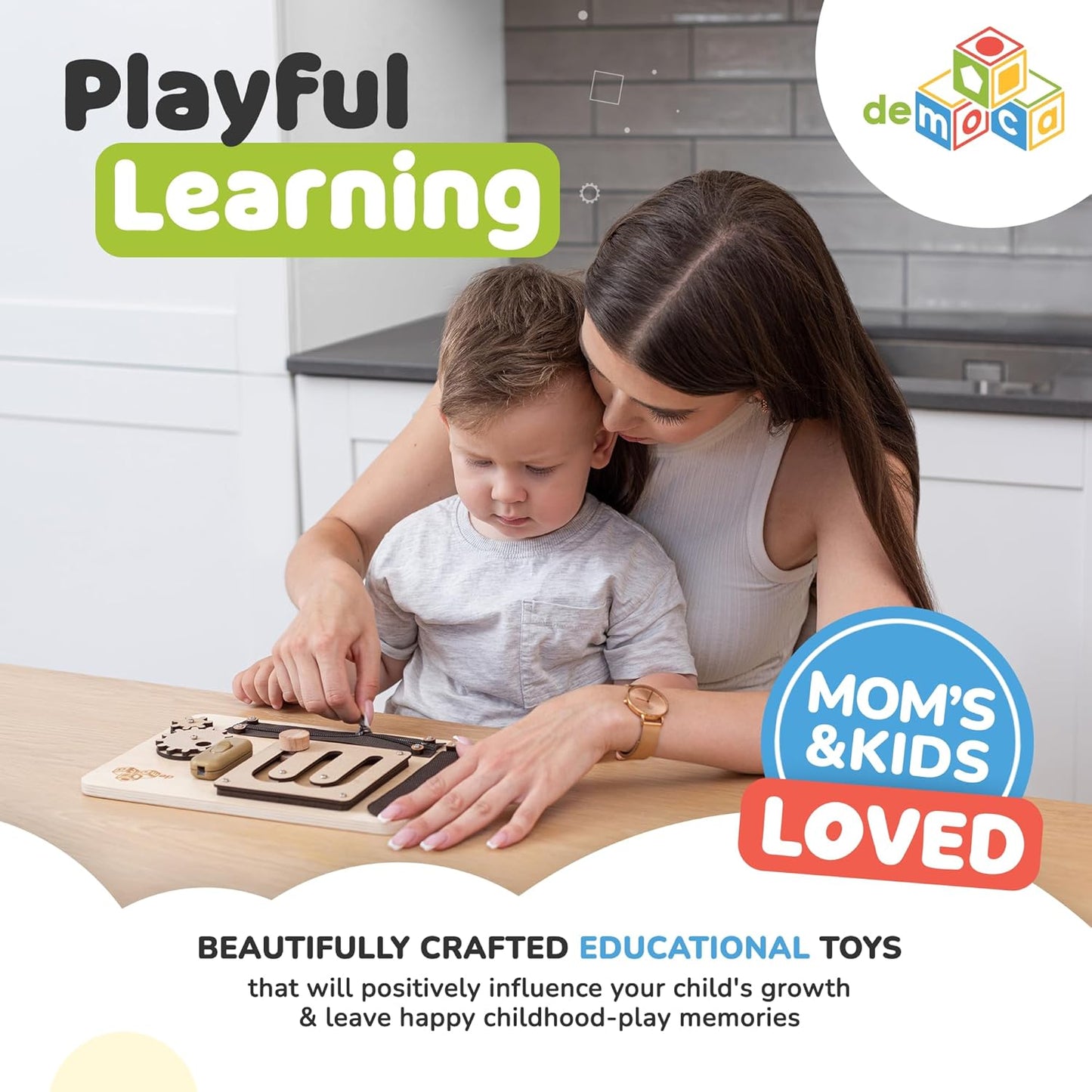 deMoca Sensory Busy Board for Toddlers, Premium Wooden Toddler Busy Board for 1 2 3 Year Old with 10 Educational Activities for Fine Motor Skills, Fidget Activity Toy for Travel Toy (Nature)