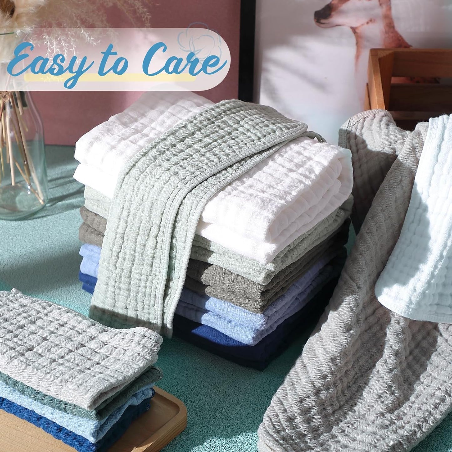 VitalCozy 12 Pcs Baby Muslin Hooded Bath Towels and Washcloths, 32 x 32 Inch Muslin Cotton Hooded Baby Towels Absorbent Hooded Blankets for Gift Newborn Infant Shower (Green Blue Gray)