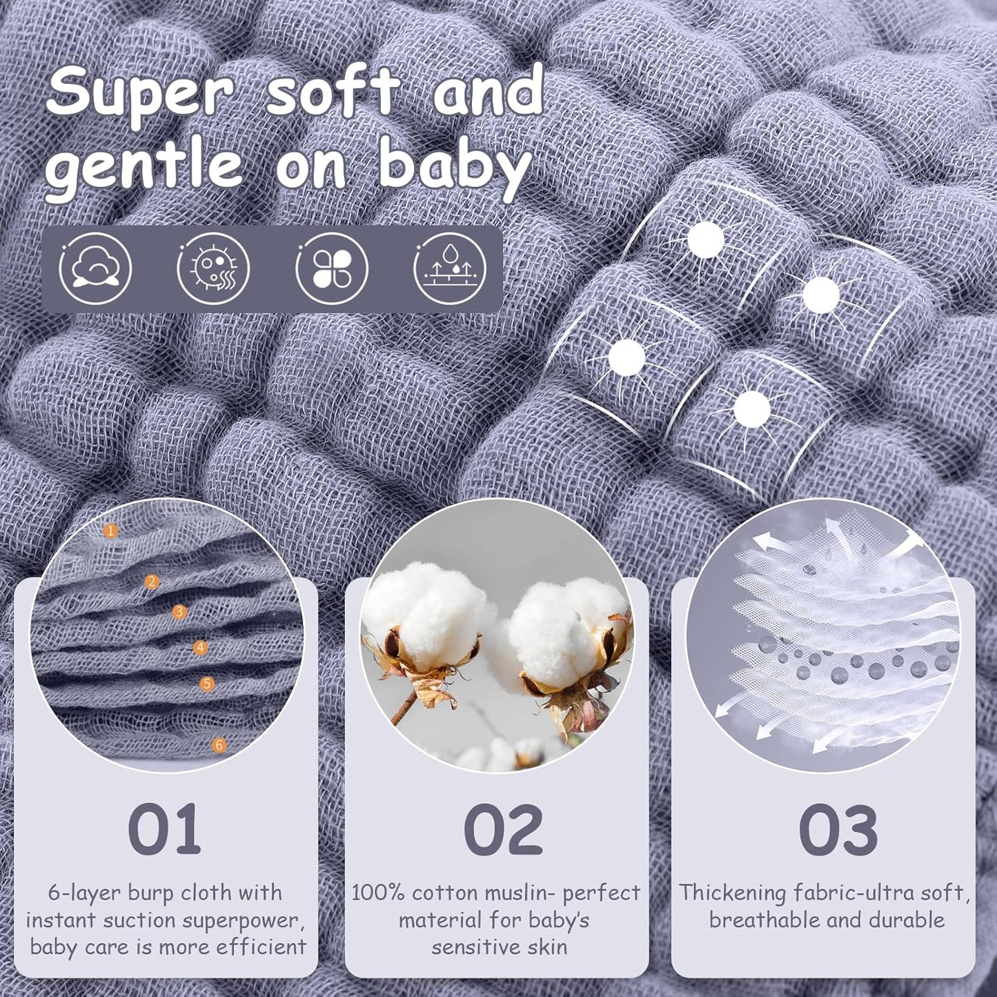 Looxii Muslin Burp Cloths 100% Cotton Muslin Cloths Large 20''x10'' Extra Soft and Absorbent 6 Pack Baby Burping Cloth for Boys and Girls (Fog Blue)