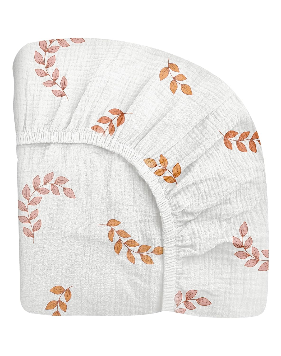 Pack and Play Sheets for Baby Boys and Girls 39"x27"x3", Neutral Muslin Cotton Pack N Play Mattresses Sheet with Boho Style, Soft and Breathable Comfort (Leaf)